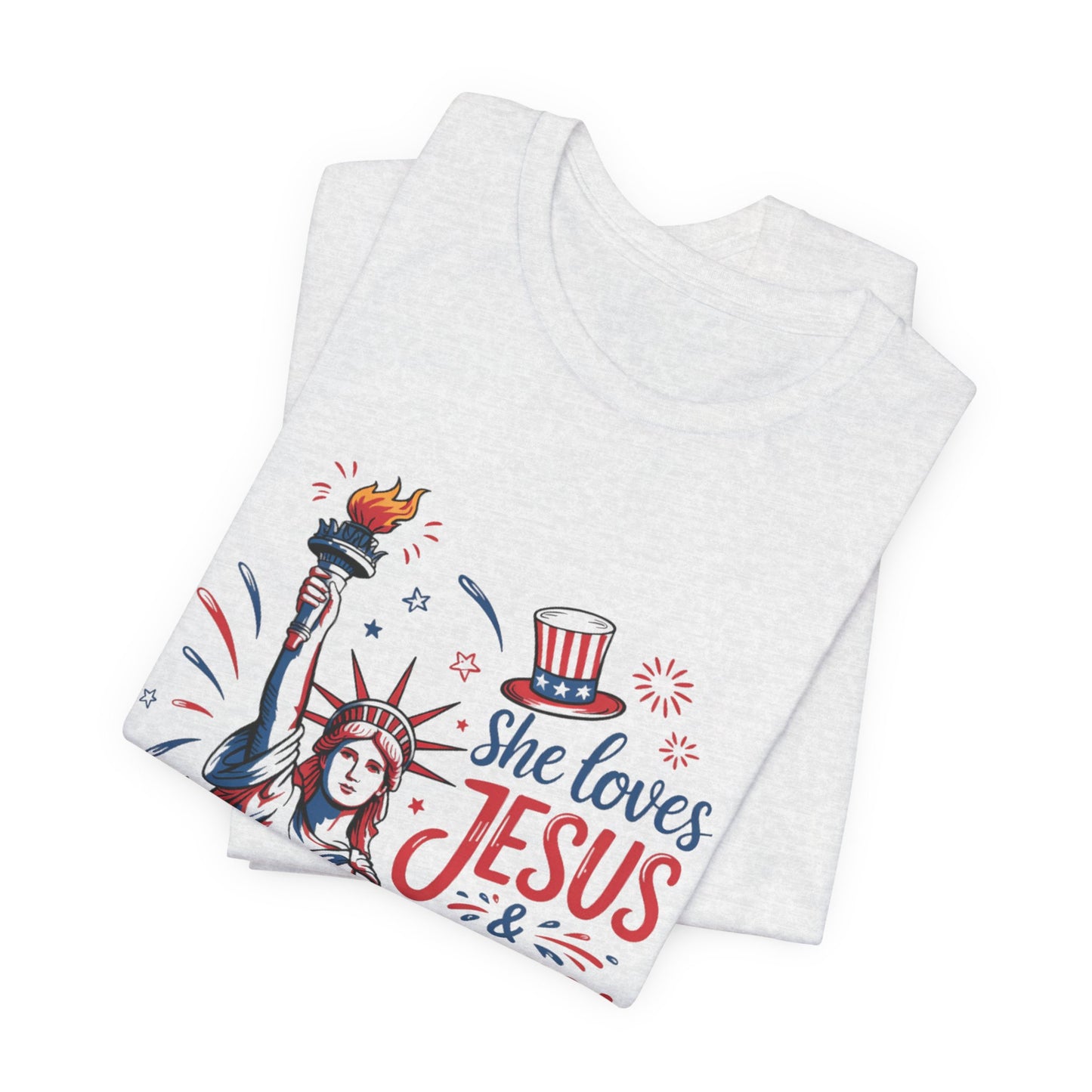 She Loves Jesus & America Too T-Shirt – Patriotic Statue of Liberty Christian Tee