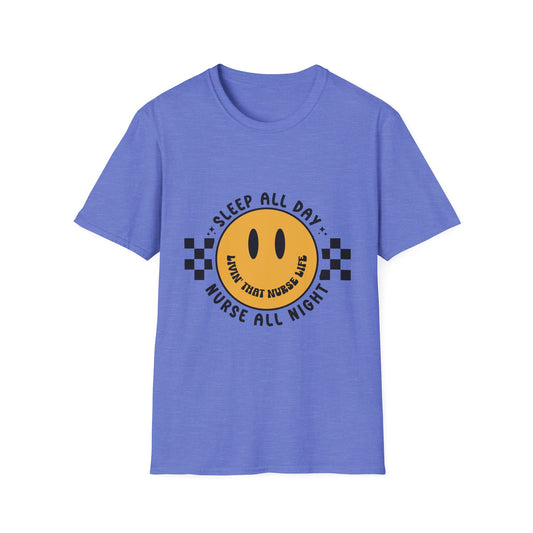 Nurse Smiley Tee — “Sleep All Day, Nurse All Night” Graphic T-Shirt