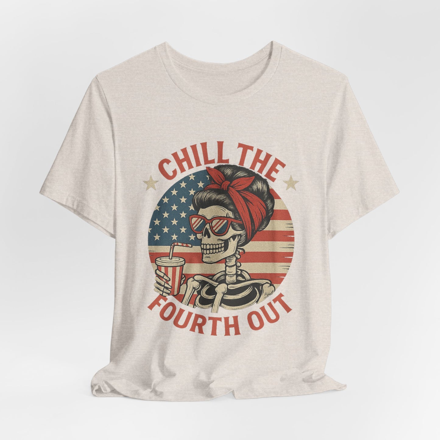 Chill the Fourth Out Tee – Retro Skull with American Flag & Drink | 4th of July Patriotic Shirt