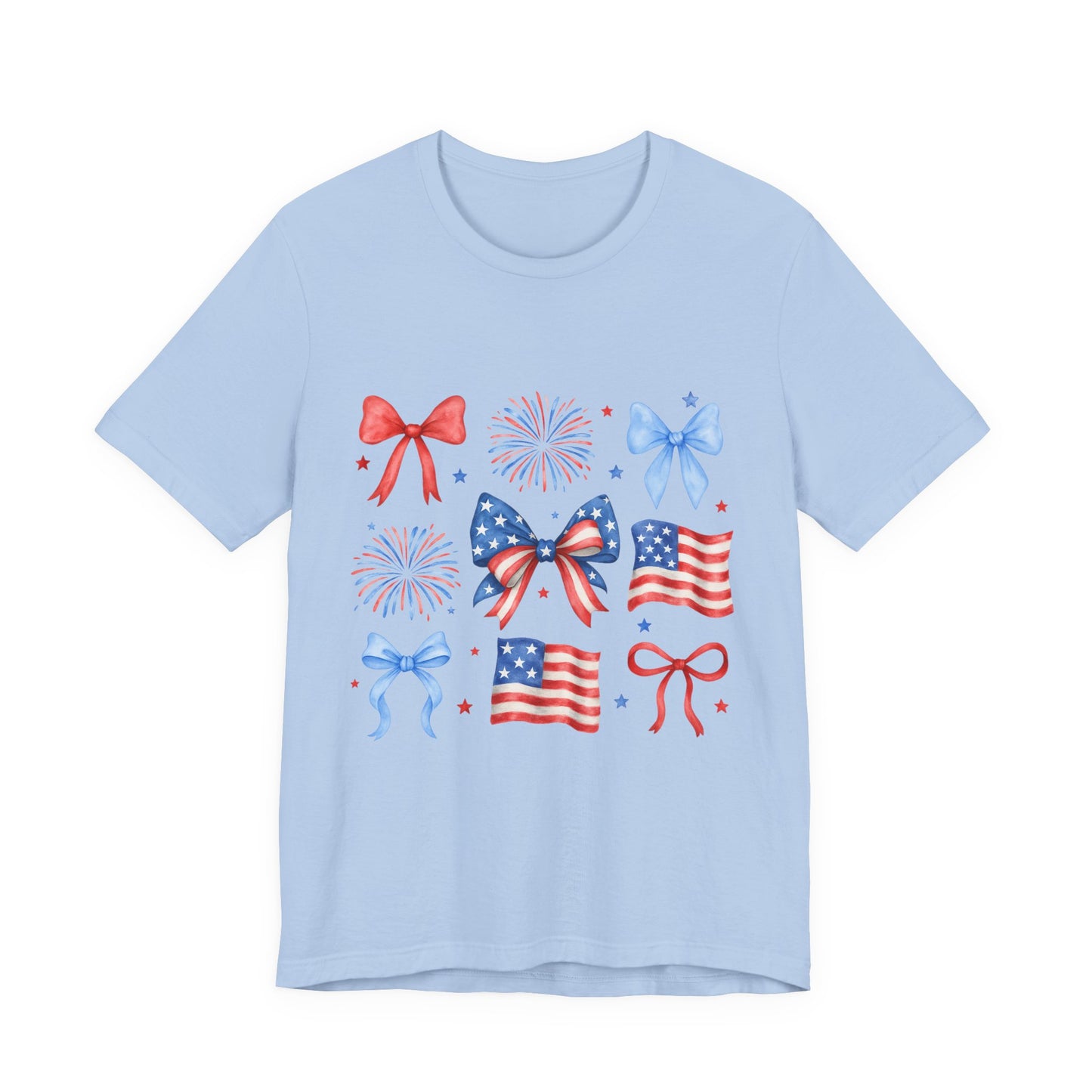 Patriotic Bows & Flags Tee — 4th of July Fireworks Graphic T-Shirt