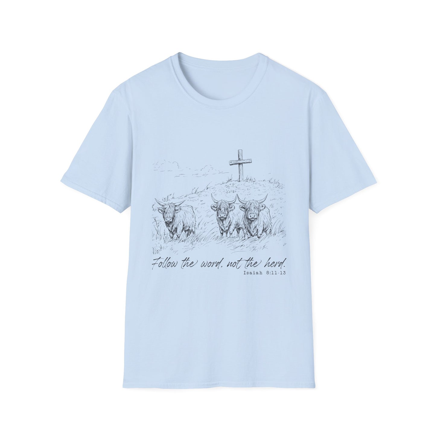 Christian Cross & Oxen T-Shirt — “Follow the Sword, Not the Herd” Faith Graphic Tee
