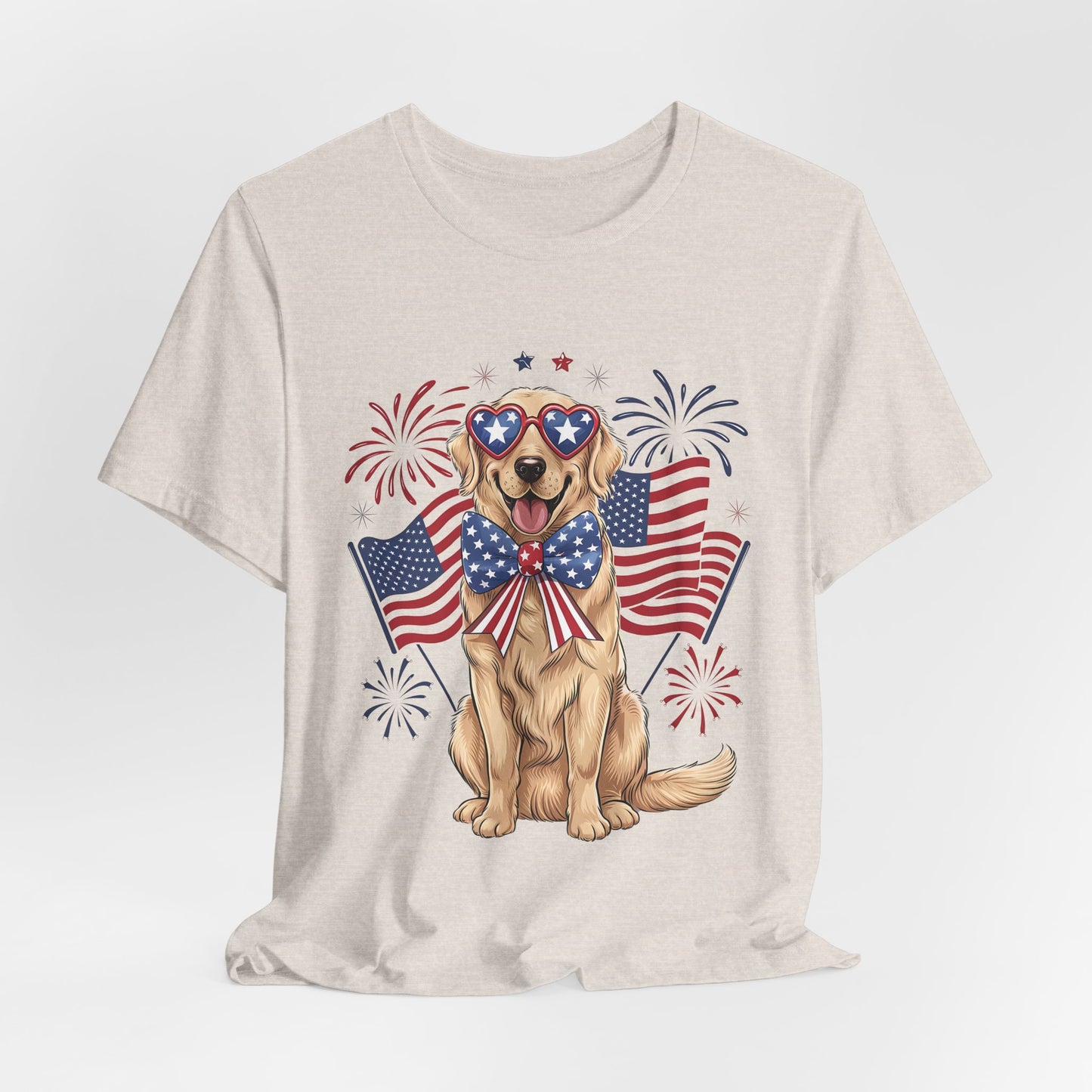 Patriotic Golden Retriever T‑Shirt — USA Flag Dog with Fireworks