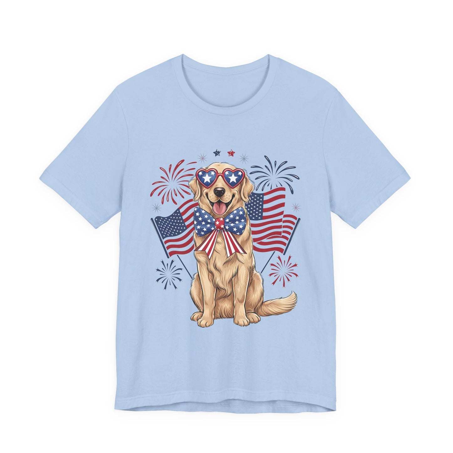 Patriotic Golden Retriever T‑Shirt — USA Flag Dog with Fireworks