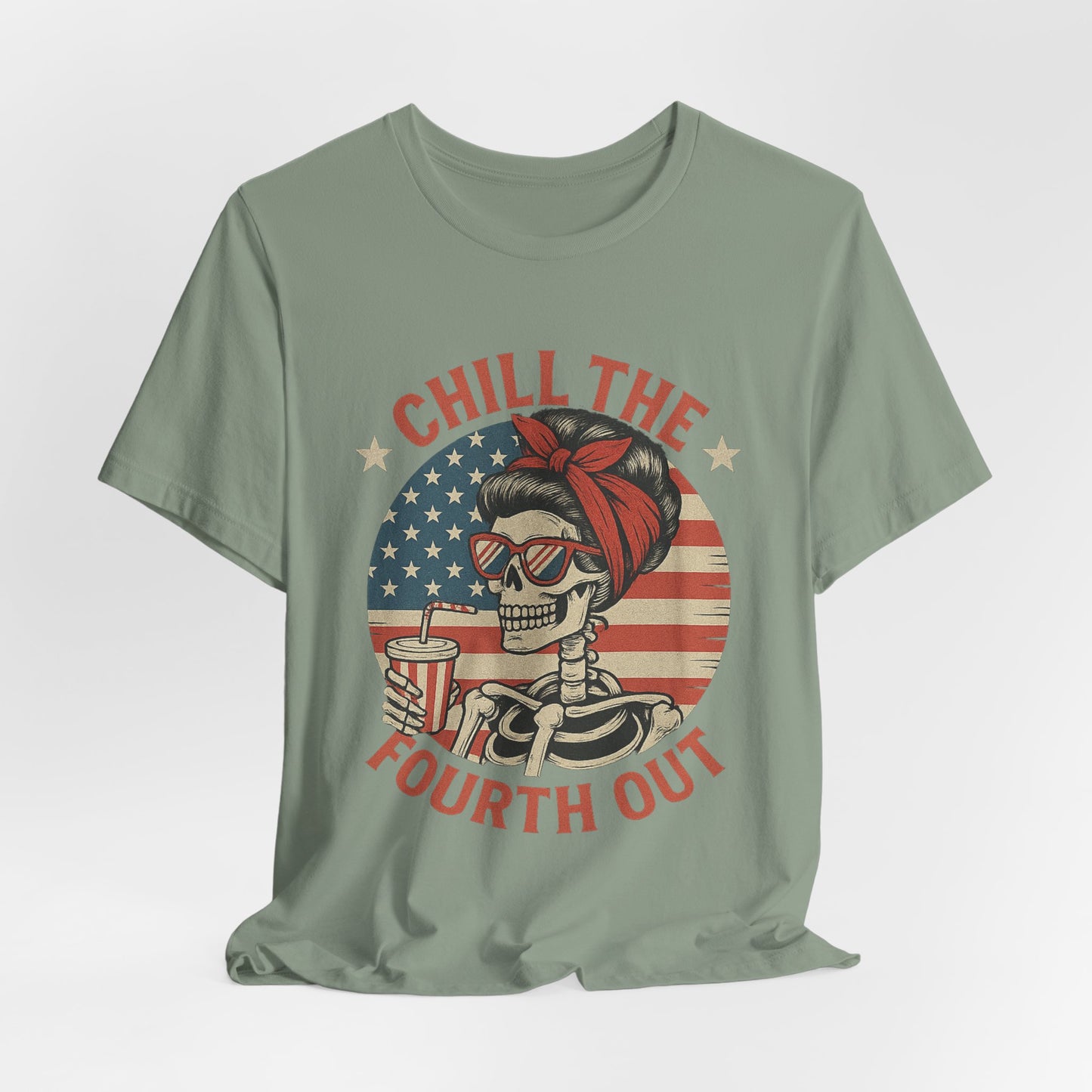 Chill the Fourth Out Tee – Retro Skull with American Flag & Drink | 4th of July Patriotic Shirt