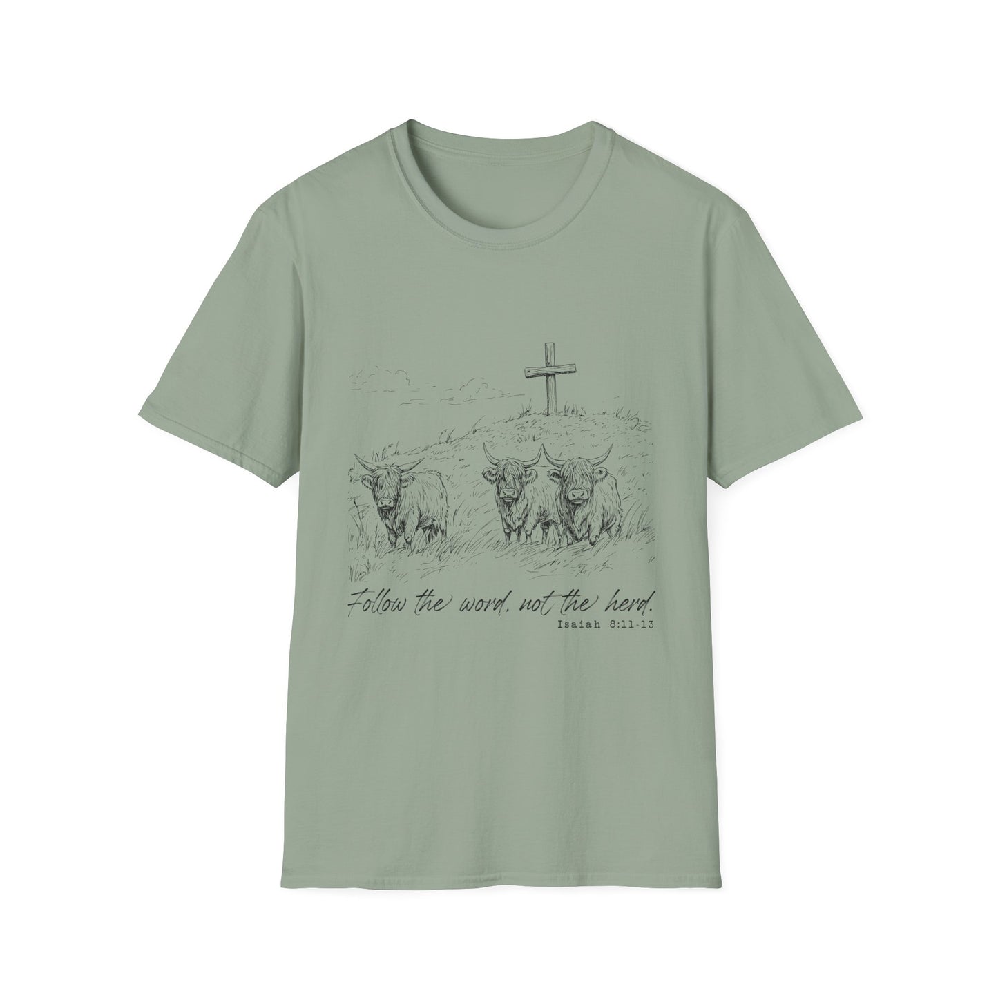 Christian Cross & Oxen T-Shirt — “Follow the Sword, Not the Herd” Faith Graphic Tee
