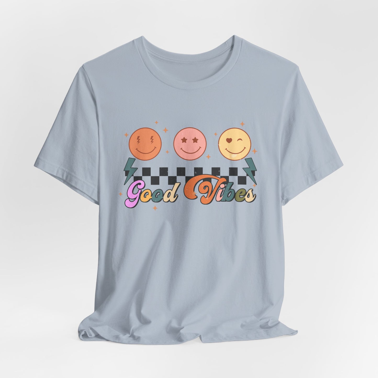 Good Vibes Smiley Tee — Retro Checkerboard Positive Graphic T-Shirt