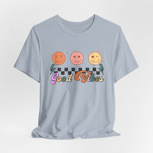 Good Vibes Smiley Tee — Retro Checkerboard Positive Graphic T-Shirt