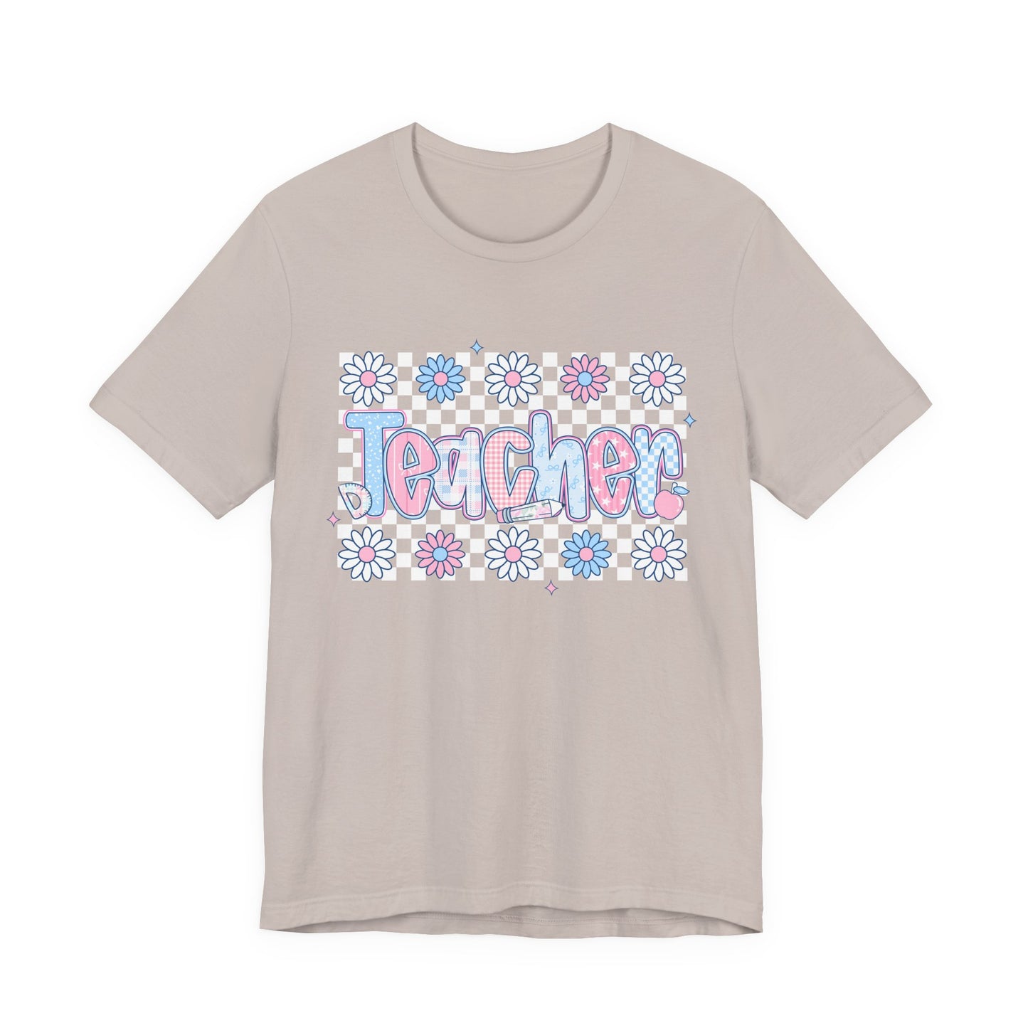 Teacher Daisy Graphic Tee – Cute Pink & Blue Floral Classroom Shirt