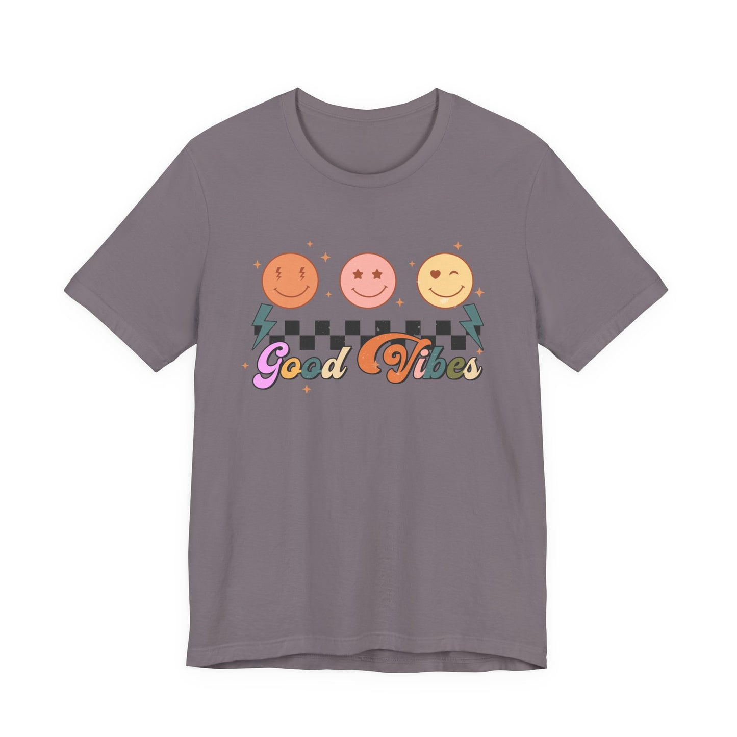 Good Vibes Smiley Tee — Retro Checkerboard Positive Graphic T-Shirt