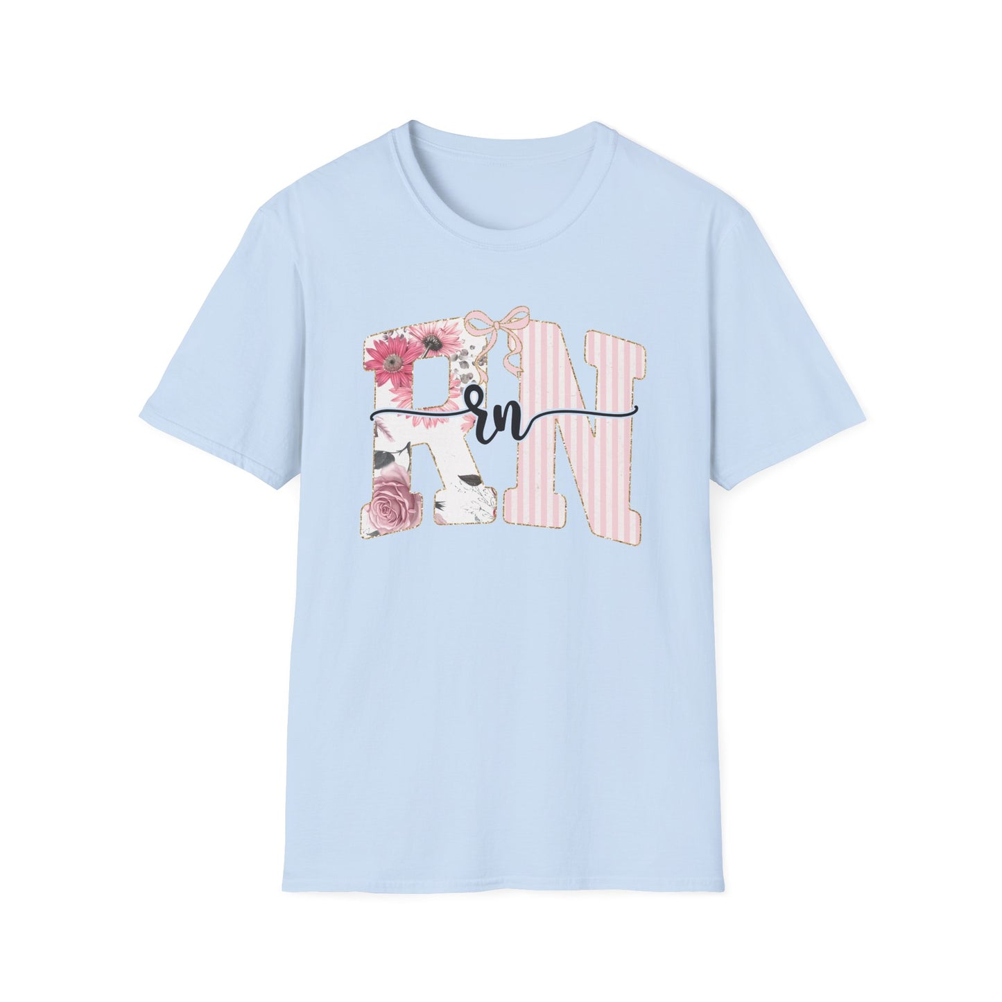 T-Shirt — RN Floral Script Design (Pink Stripes & Roses)
