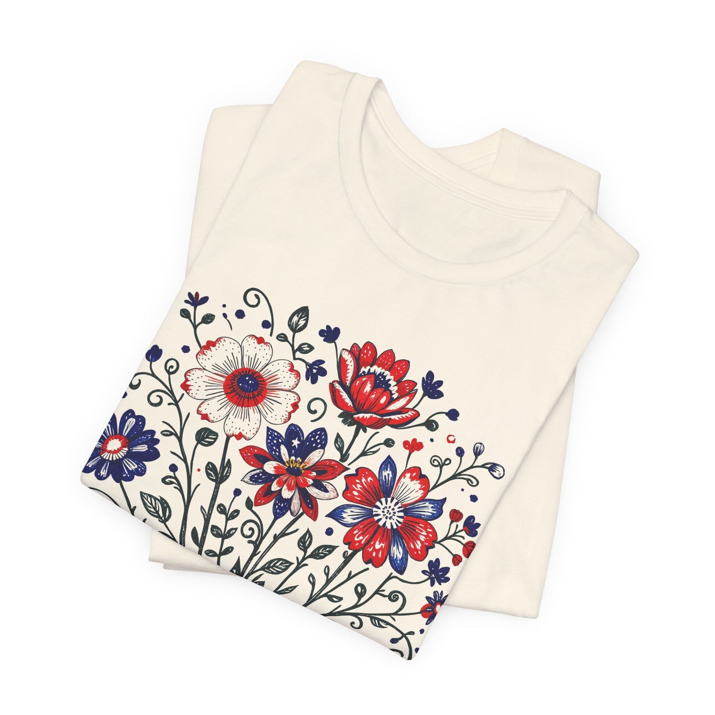 Patriotic Floral Tee — "America, Land of the Free"