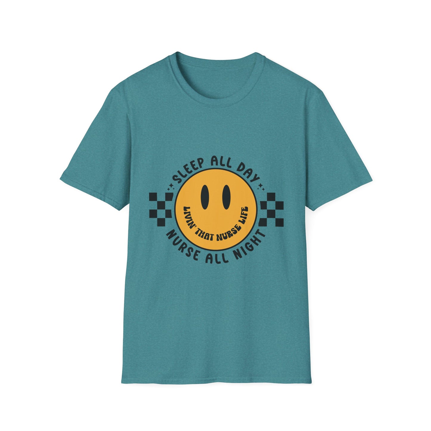 Nurse Smiley Tee — “Sleep All Day, Nurse All Night” Graphic T-Shirt