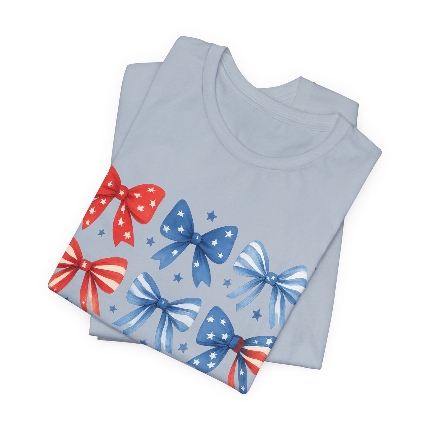 Patriotic Red & Blue Bows Tee — 4th of July Graphic T-Shirt