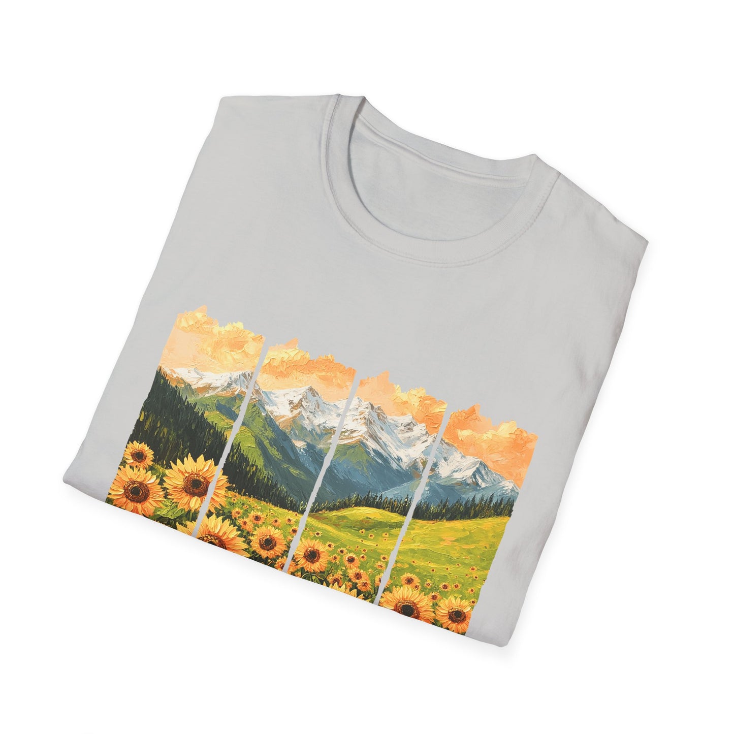 Sunflower Mountain Poster T-Shirt — Scenic Field & Peaks Graphic Tee