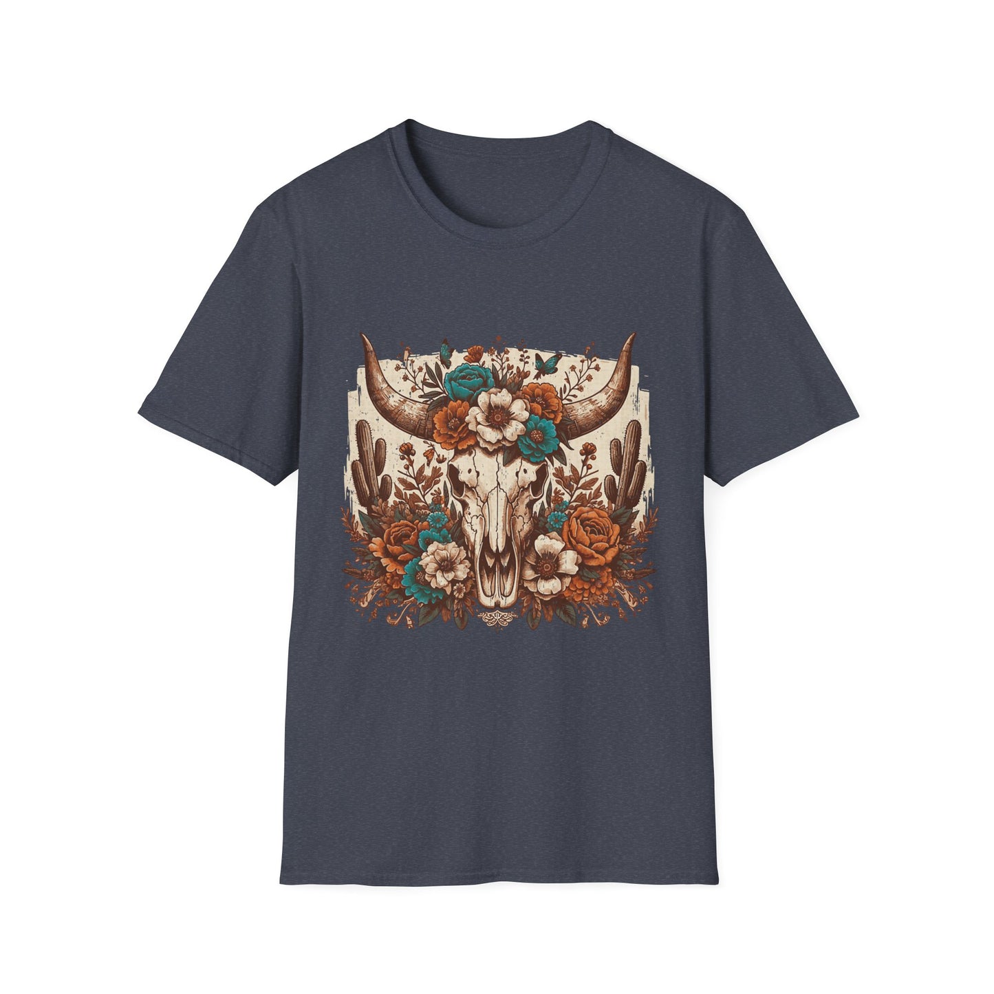 Boho Western Skull T-Shirt — Floral Longhorn Graphic Tee