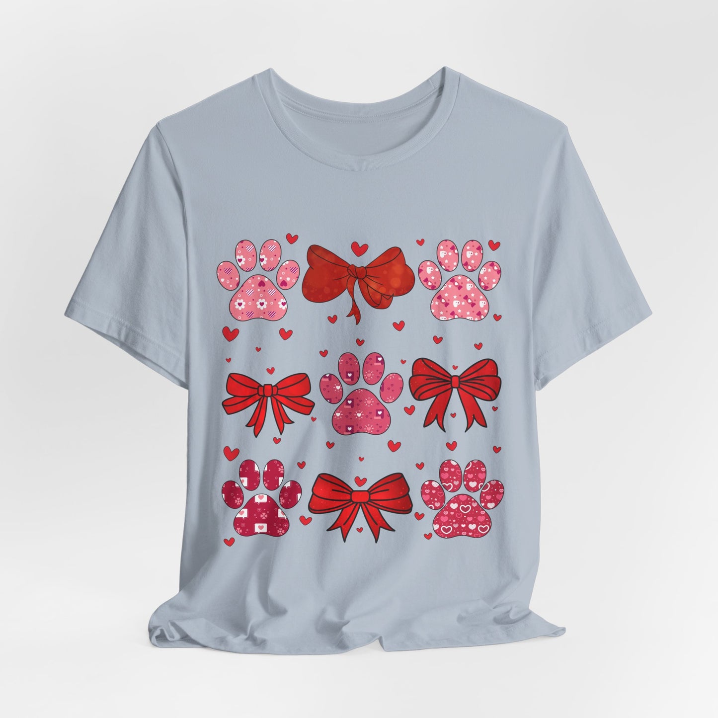 Valentine Paw Prints T‑Shirt — Cute Red Bows & Hearts Pet Lover Tee