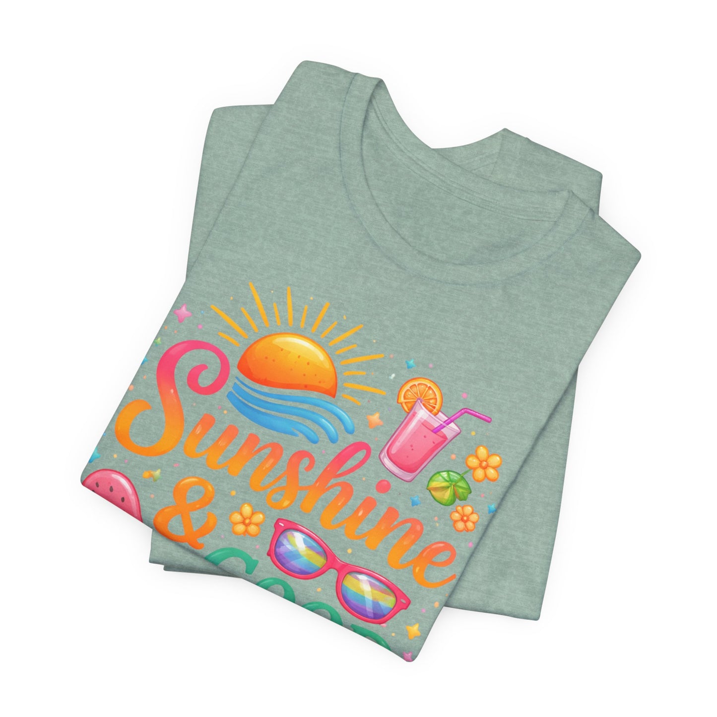 Sunshine & Good Vibes T-Shirt | Summer Beach Drink Sunglasses Popsicle Design