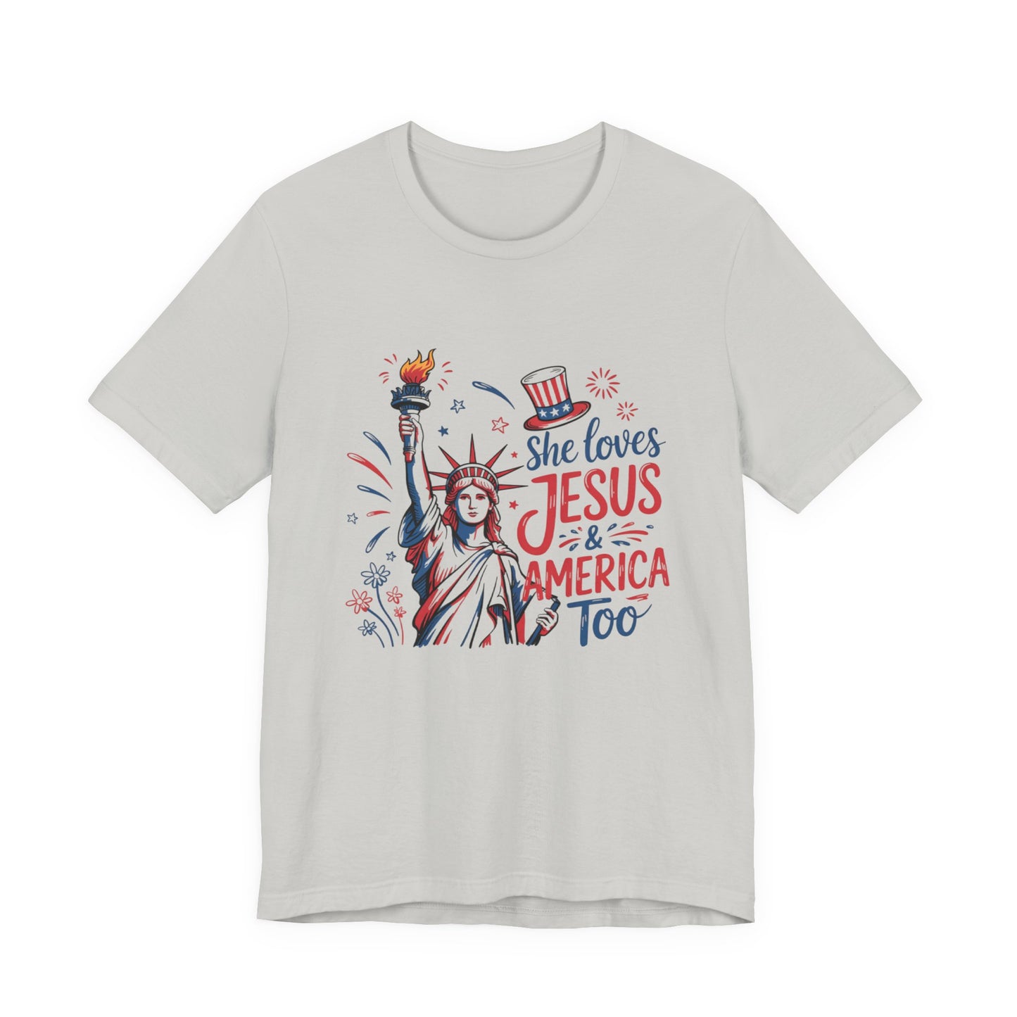 She Loves Jesus & America Too T-Shirt – Patriotic Statue of Liberty Christian Tee