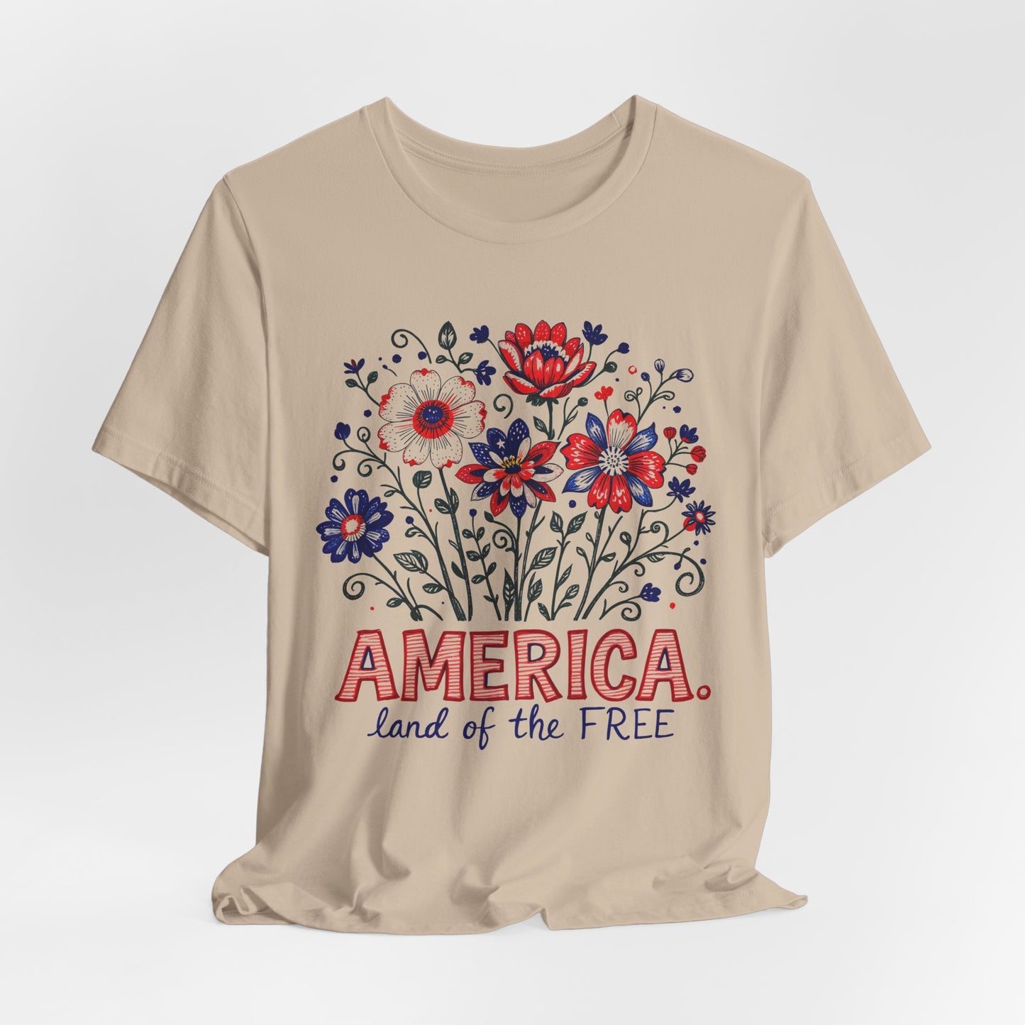 Patriotic Floral Tee — "America, Land of the Free"