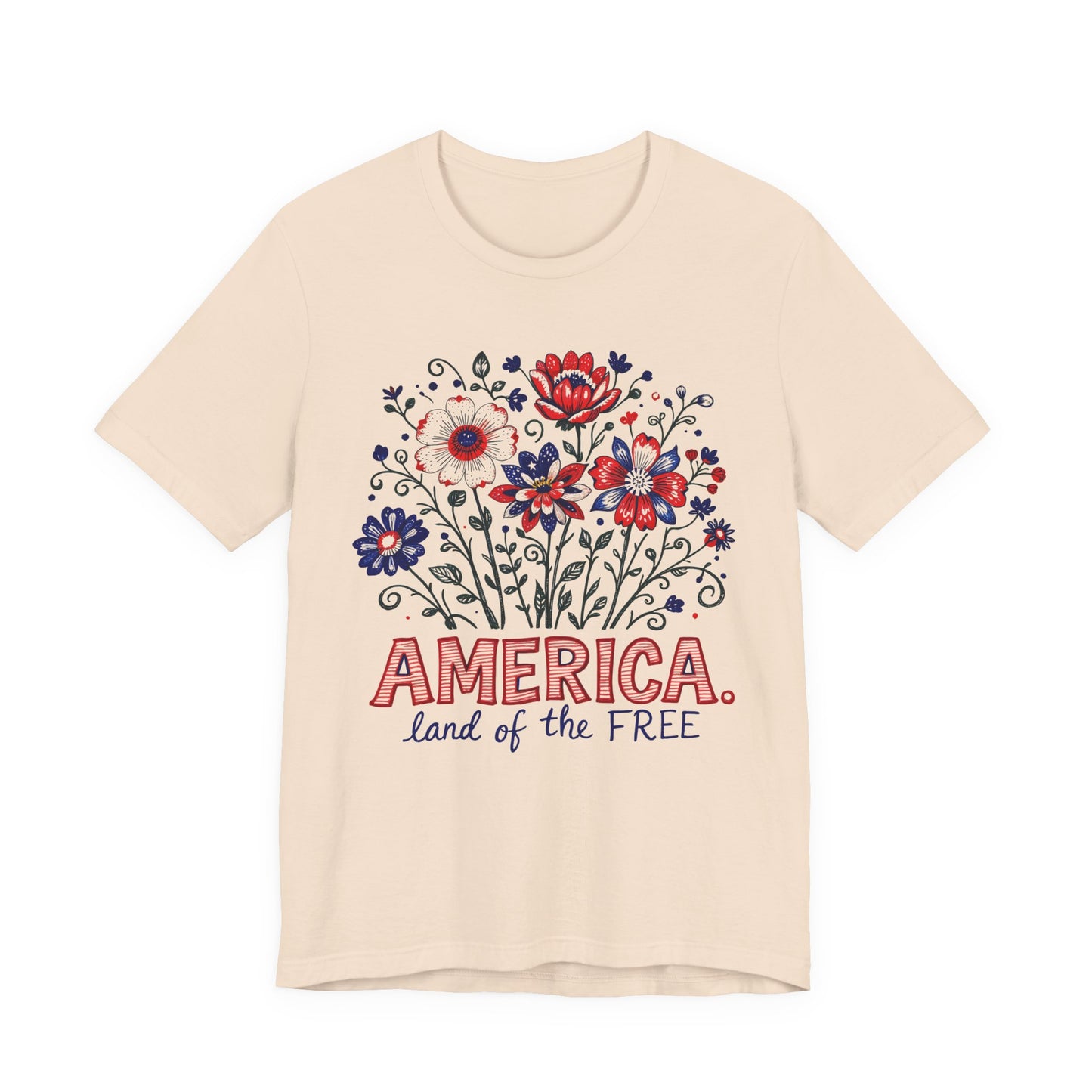 Patriotic Floral Tee — "America, Land of the Free"