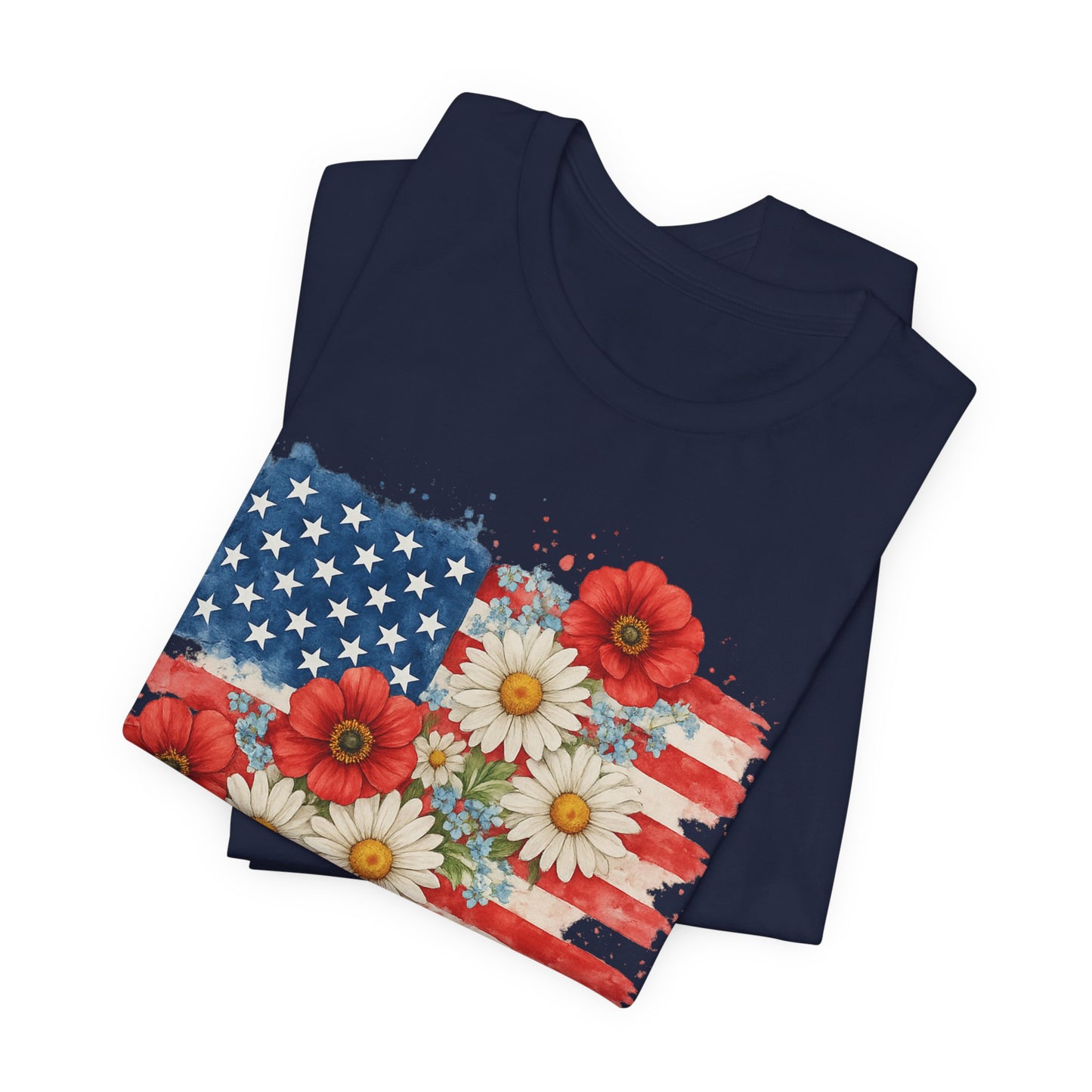 American Flag Floral T‑Shirt – Patriotic Daisy & Poppy USA Tee