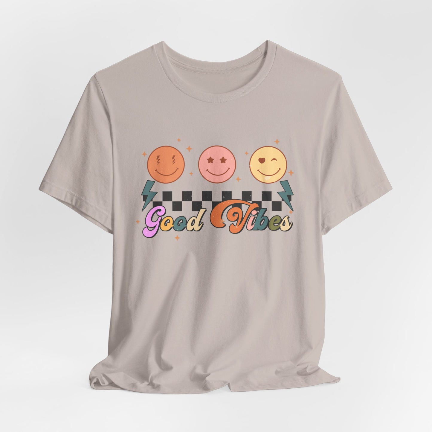 Good Vibes Smiley Tee — Retro Checkerboard Positive Graphic T-Shirt