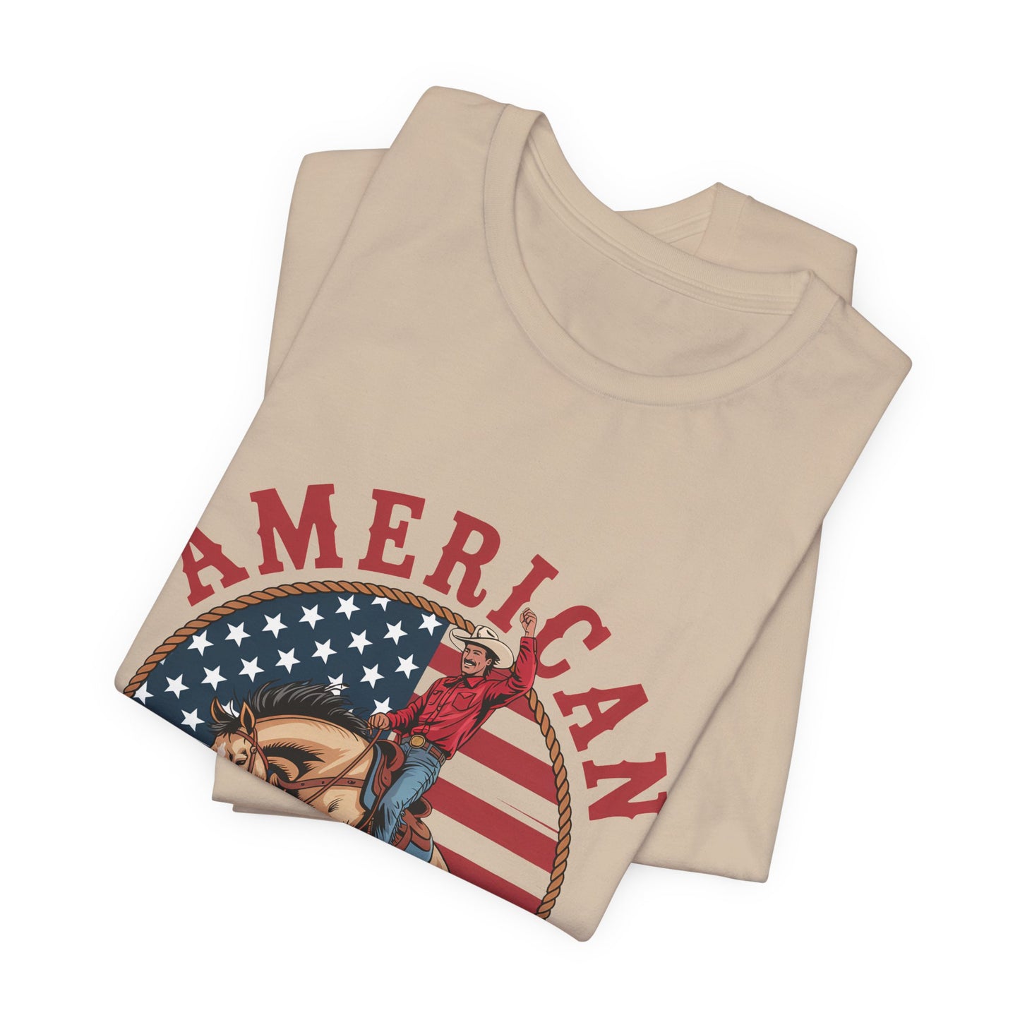 American Cowboy T-Shirt – patriotic rodeo tee with flag and rider