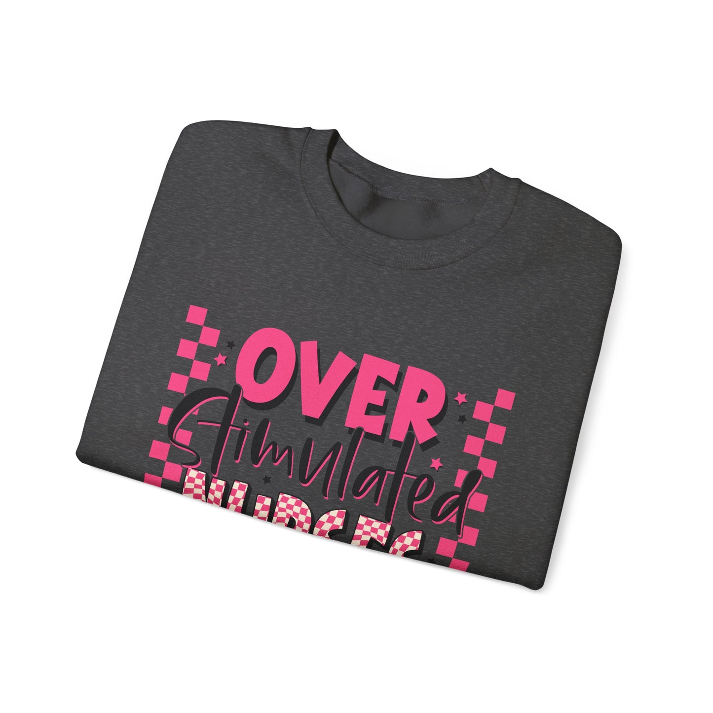 Crewneck Sweatshirt — "Overstimulated Nurses Club" Pink Checker Graphic