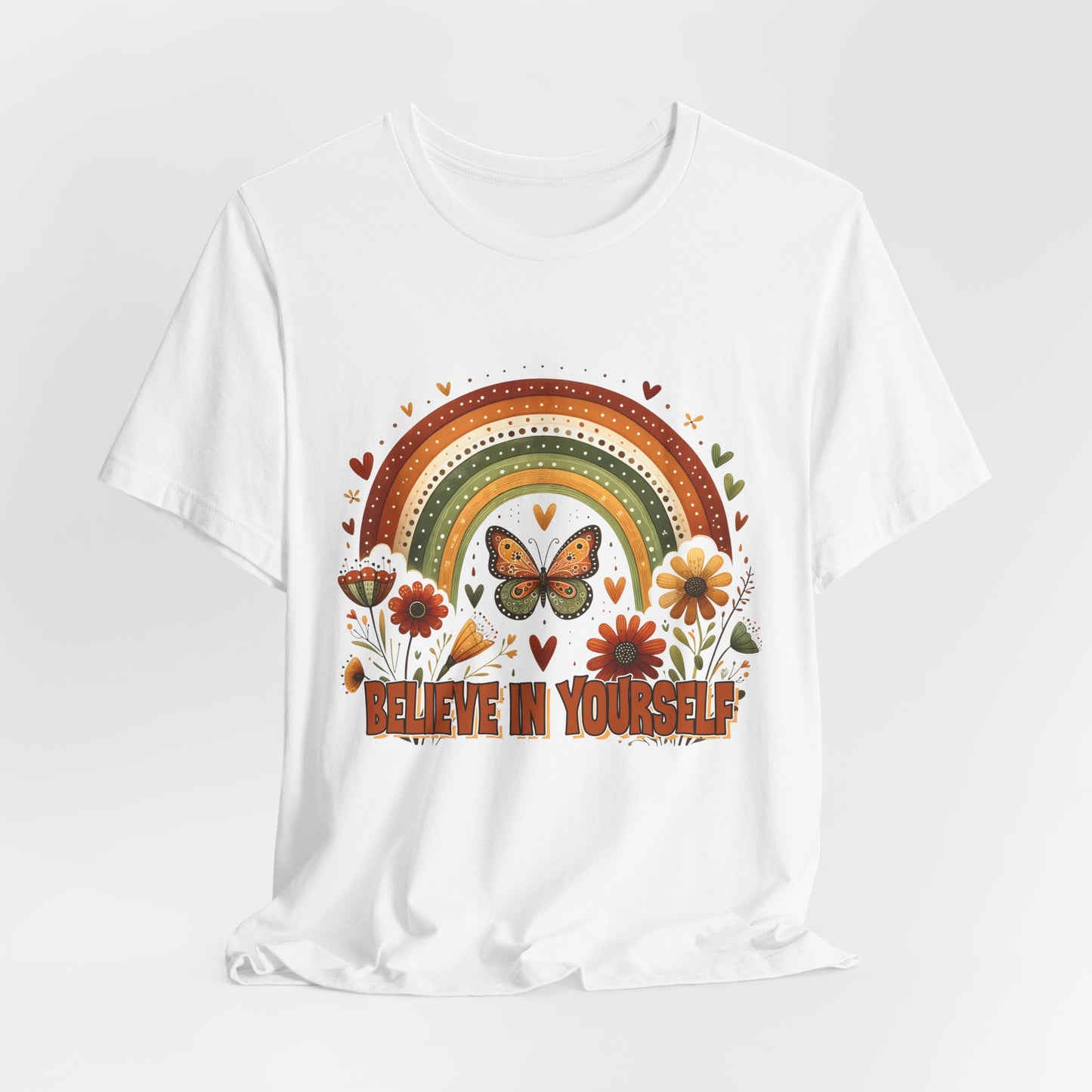 Believe In Yourself Butterfly Tee — Retro Rainbow Floral Inspirational T‑Shirt