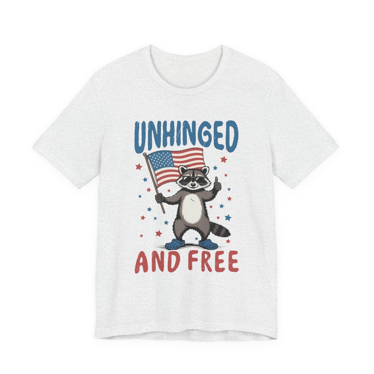 T‑Shirt — "Unhinged and Free" Raccoon American Flag Graphic Tee