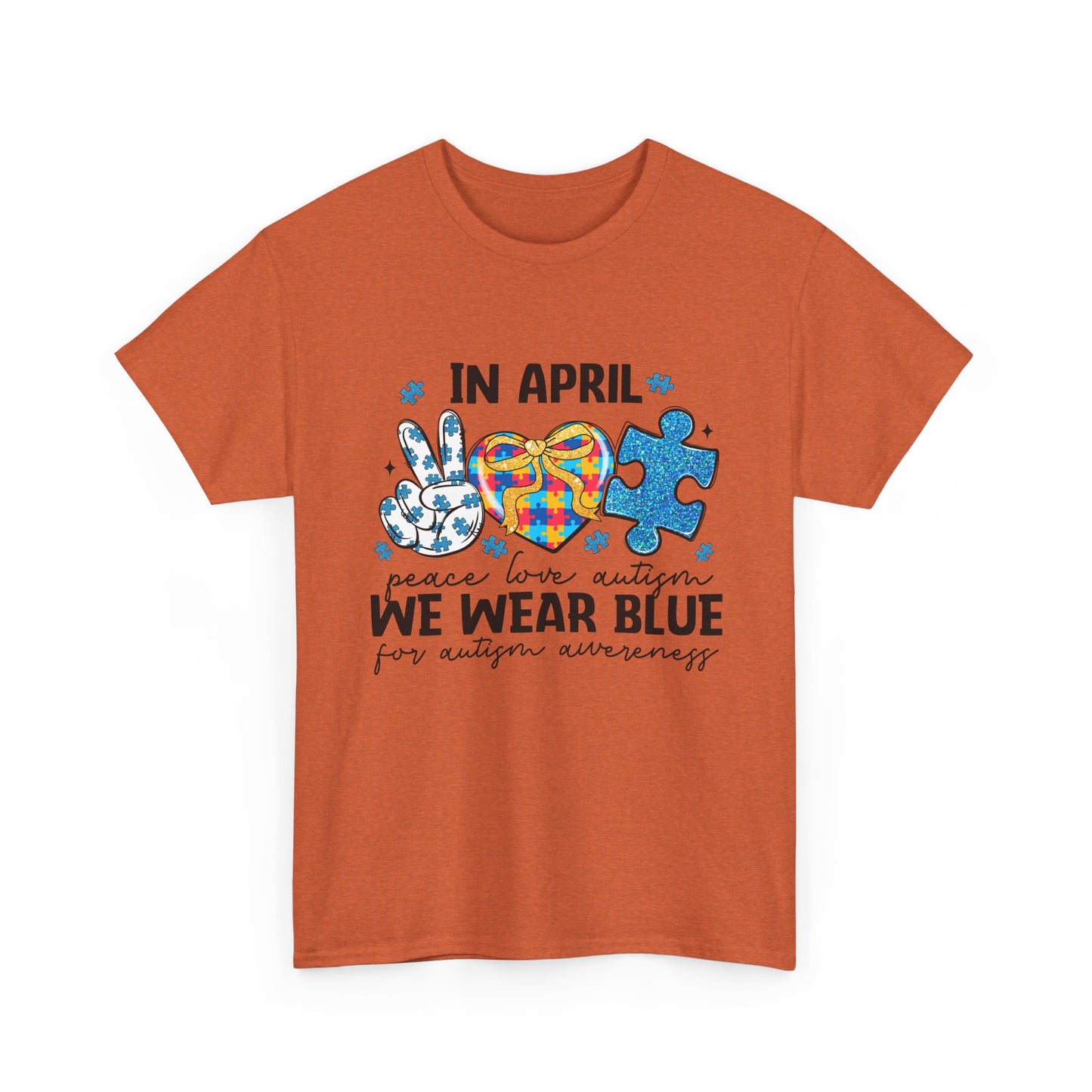 Autism Awareness Tee — "In April We Wear Blue" Puzzle Heart Peace Sign