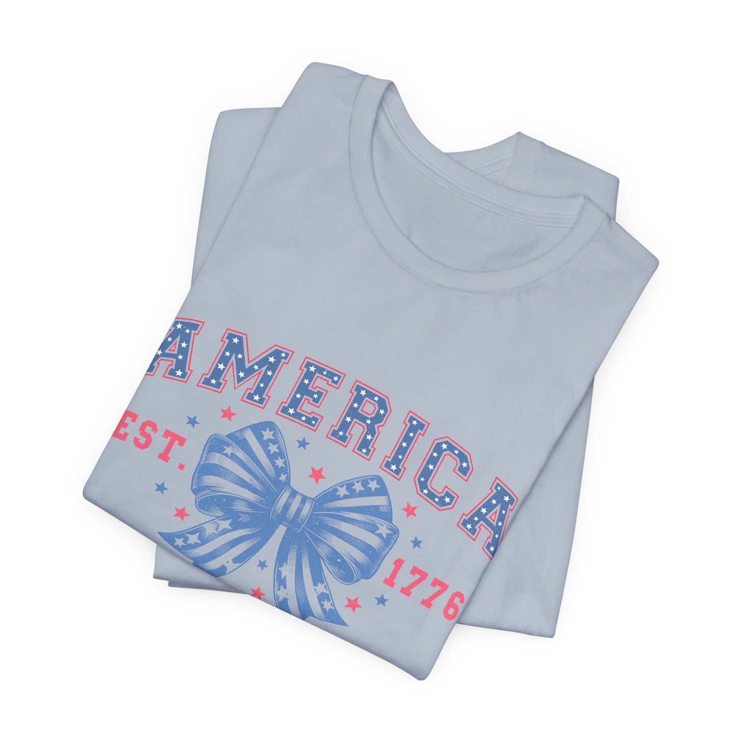 America Est. 1776 Patriotic T-Shirt – Stars & Stripes Bow Graphic