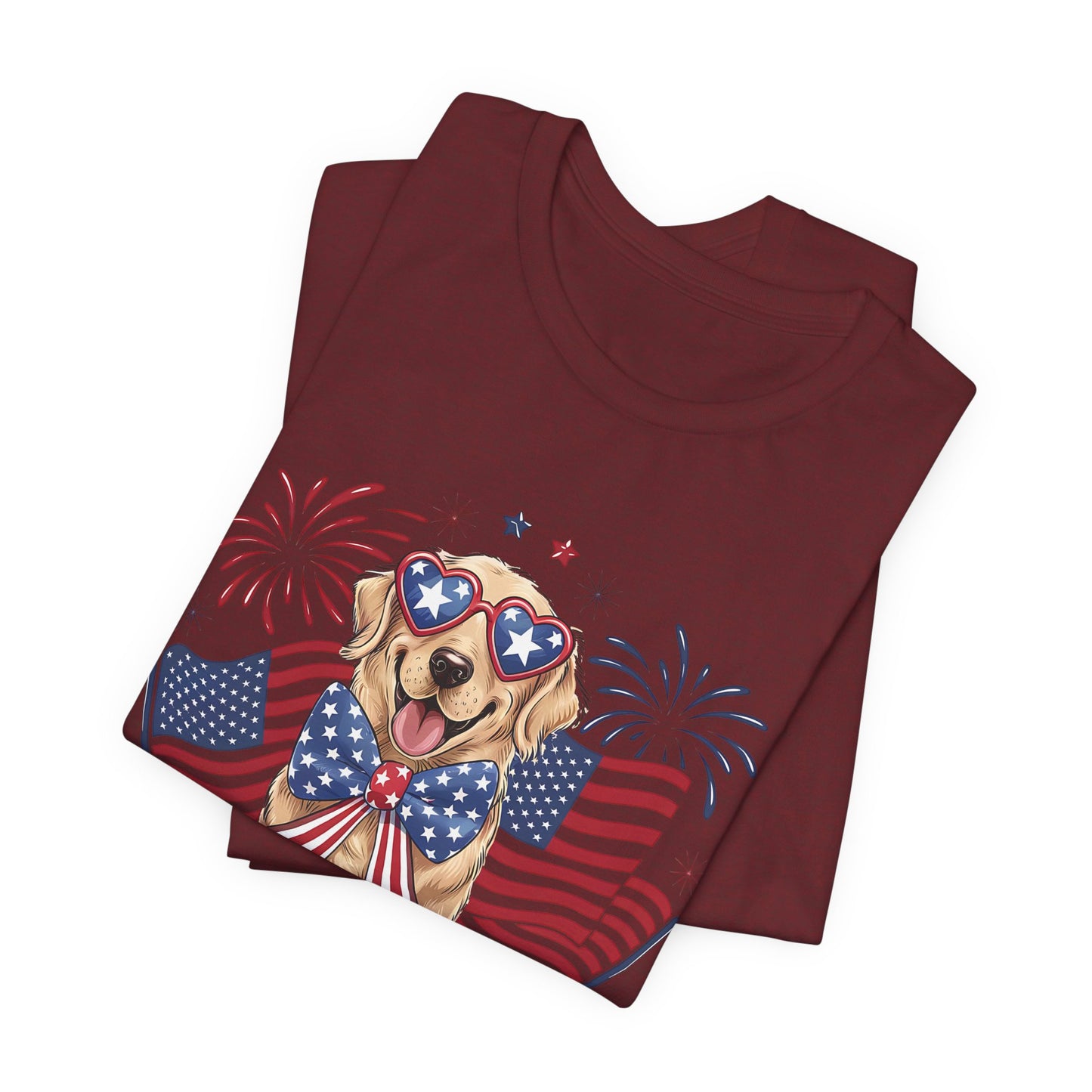 Patriotic Golden Retriever T‑Shirt — USA Flag Dog with Fireworks