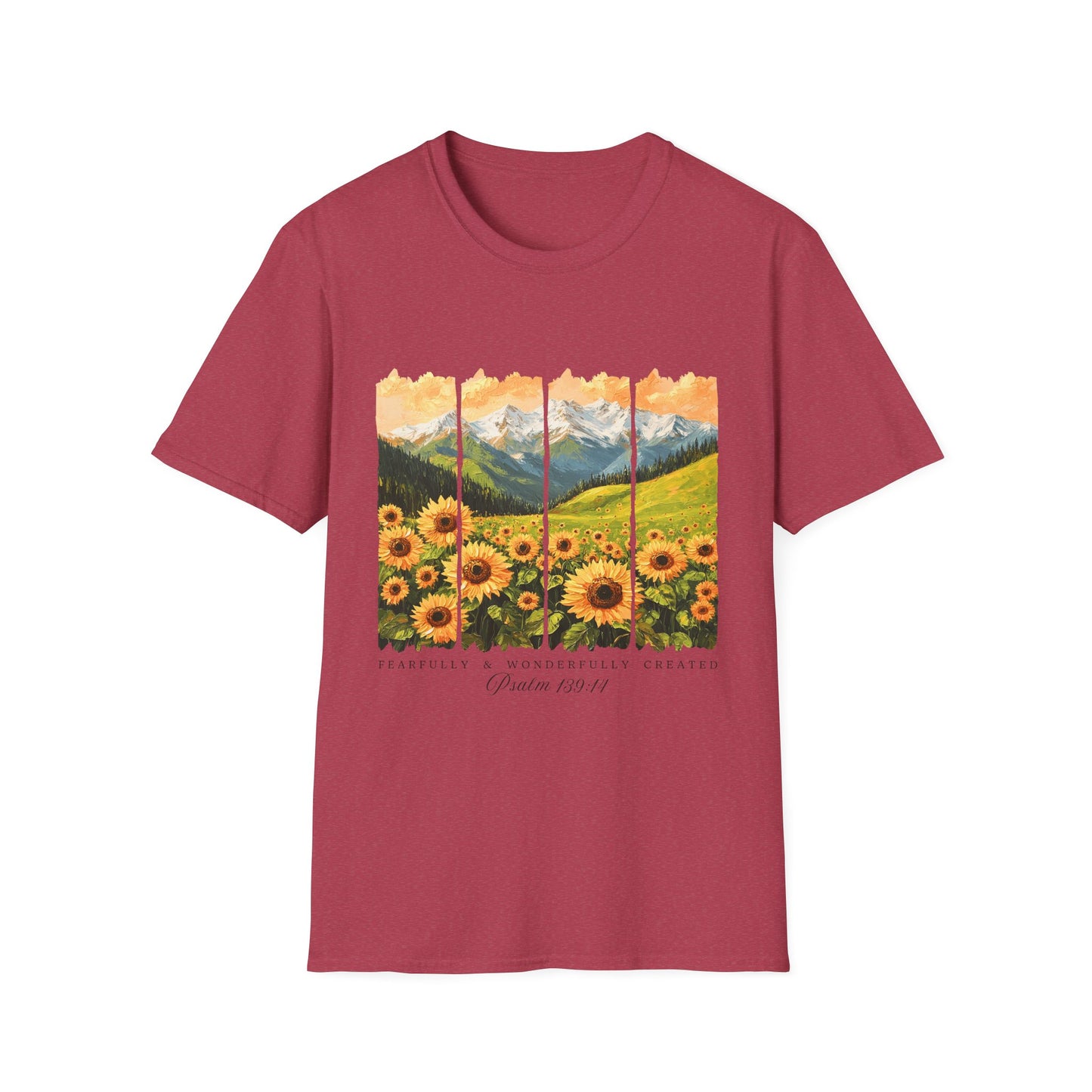 Sunflower Mountain Poster T-Shirt — Scenic Field & Peaks Graphic Tee