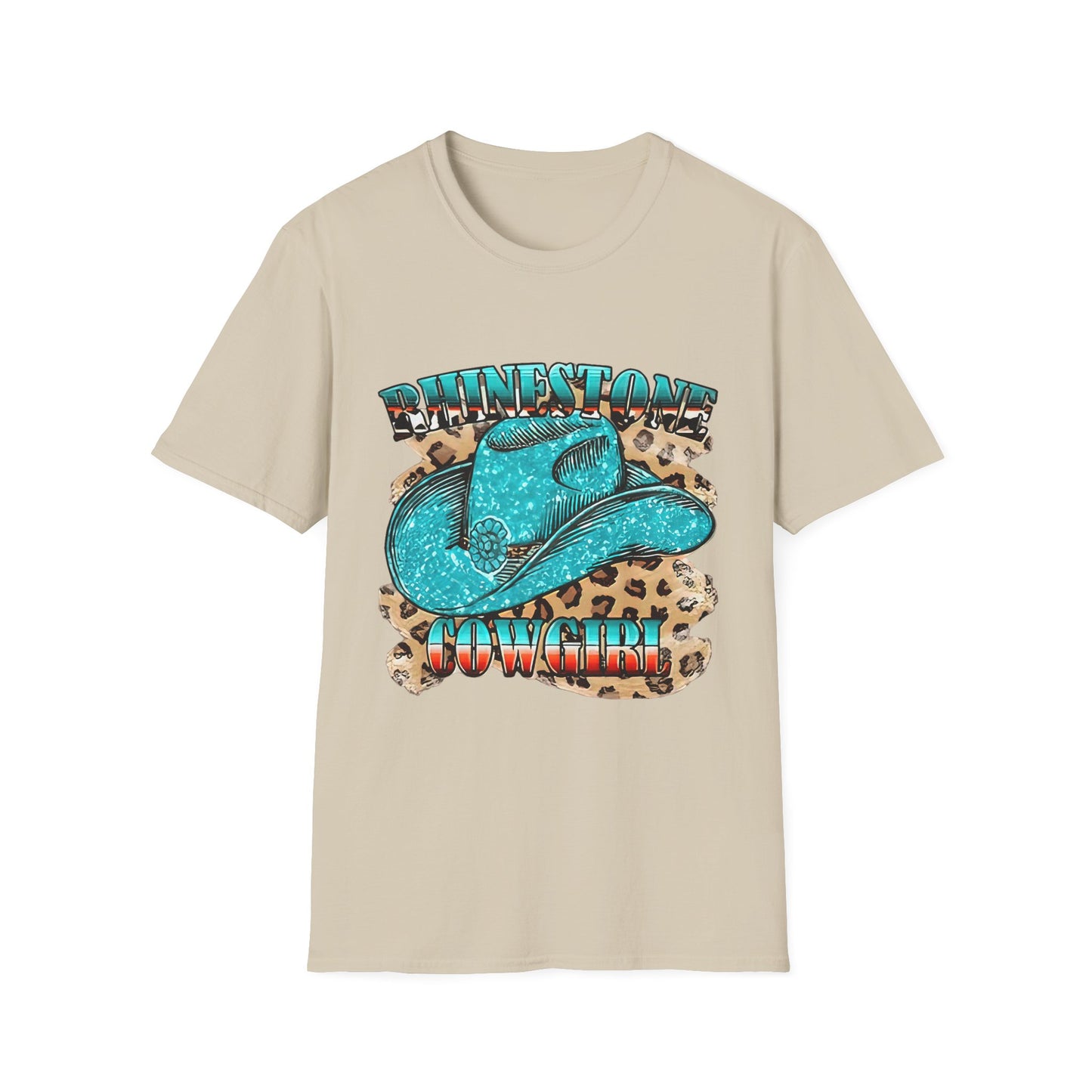 Rhinestone Cowgirl Tee – Turquoise Cowboy Hat on Leopard Print