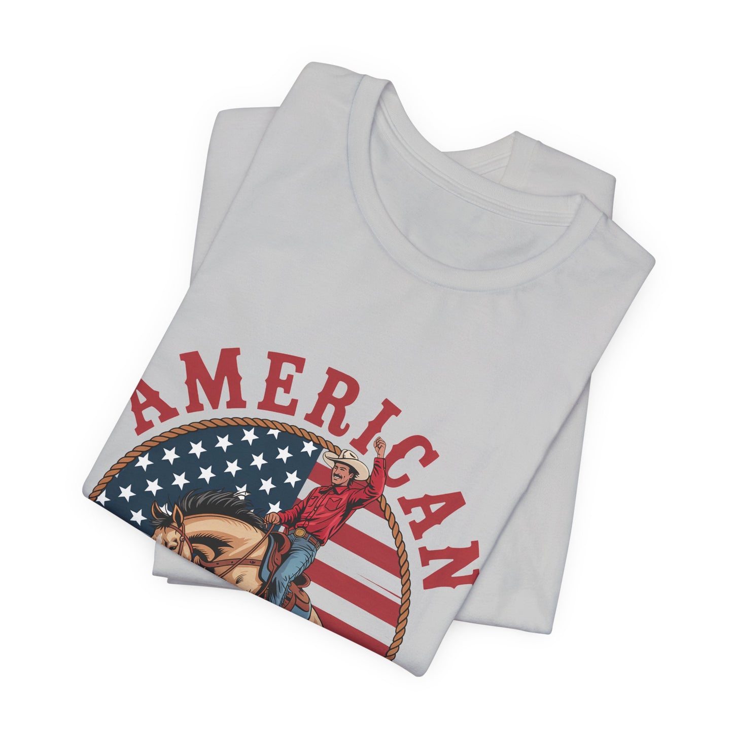 American Cowboy T-Shirt – patriotic rodeo tee with flag and rider