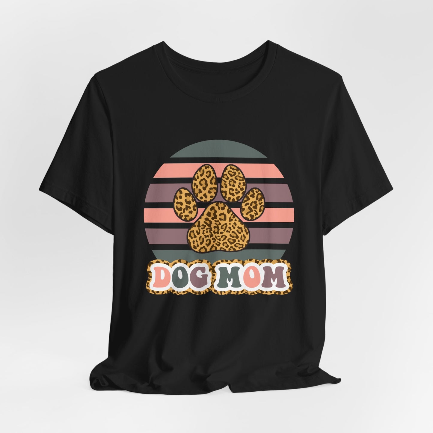 Dog Mom Leopard Paw Tee — Retro Striped Pet Lover T‑Shirt