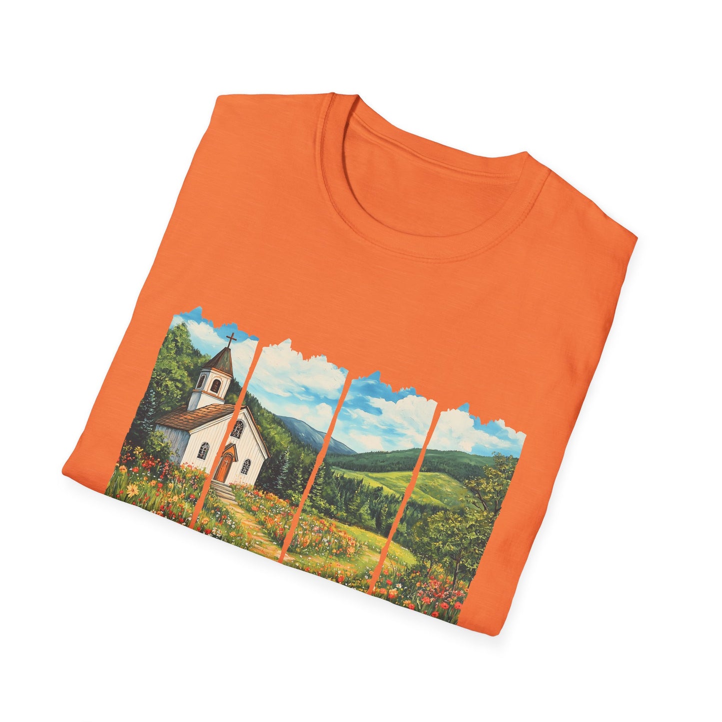 Scenic Chapel Landscape T-Shirt — Countryside Floral Mountain Art Tee