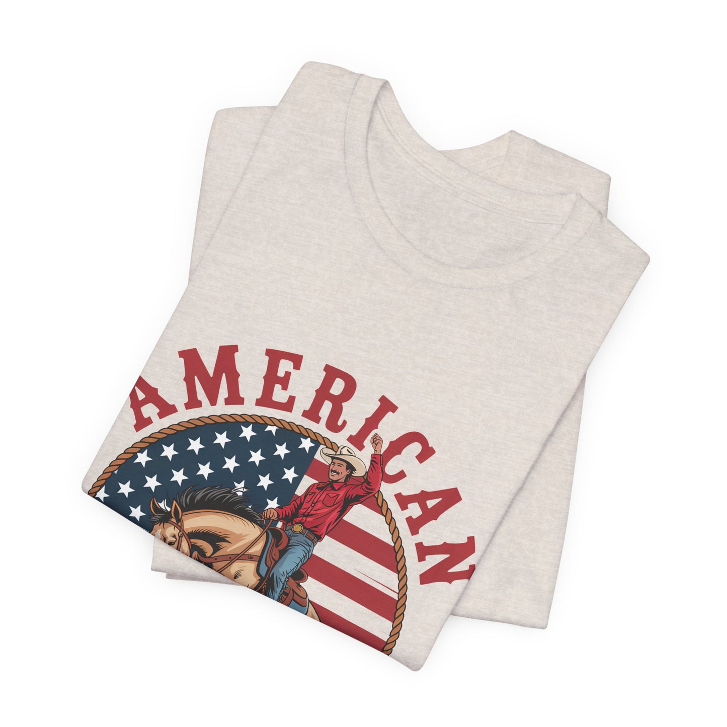 American Cowboy T-Shirt – patriotic rodeo tee with flag and rider
