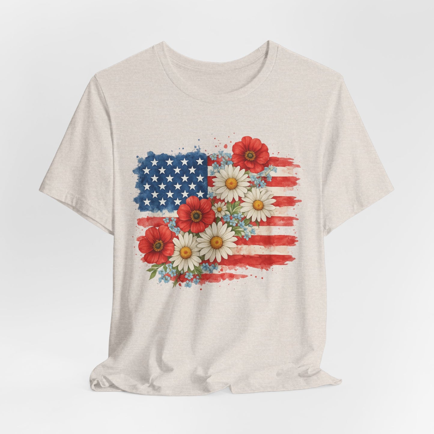 American Flag Floral T‑Shirt – Patriotic Daisy & Poppy USA Tee