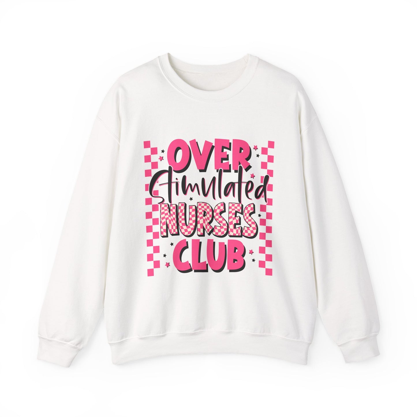 Crewneck Sweatshirt — "Overstimulated Nurses Club" Pink Checker Graphic