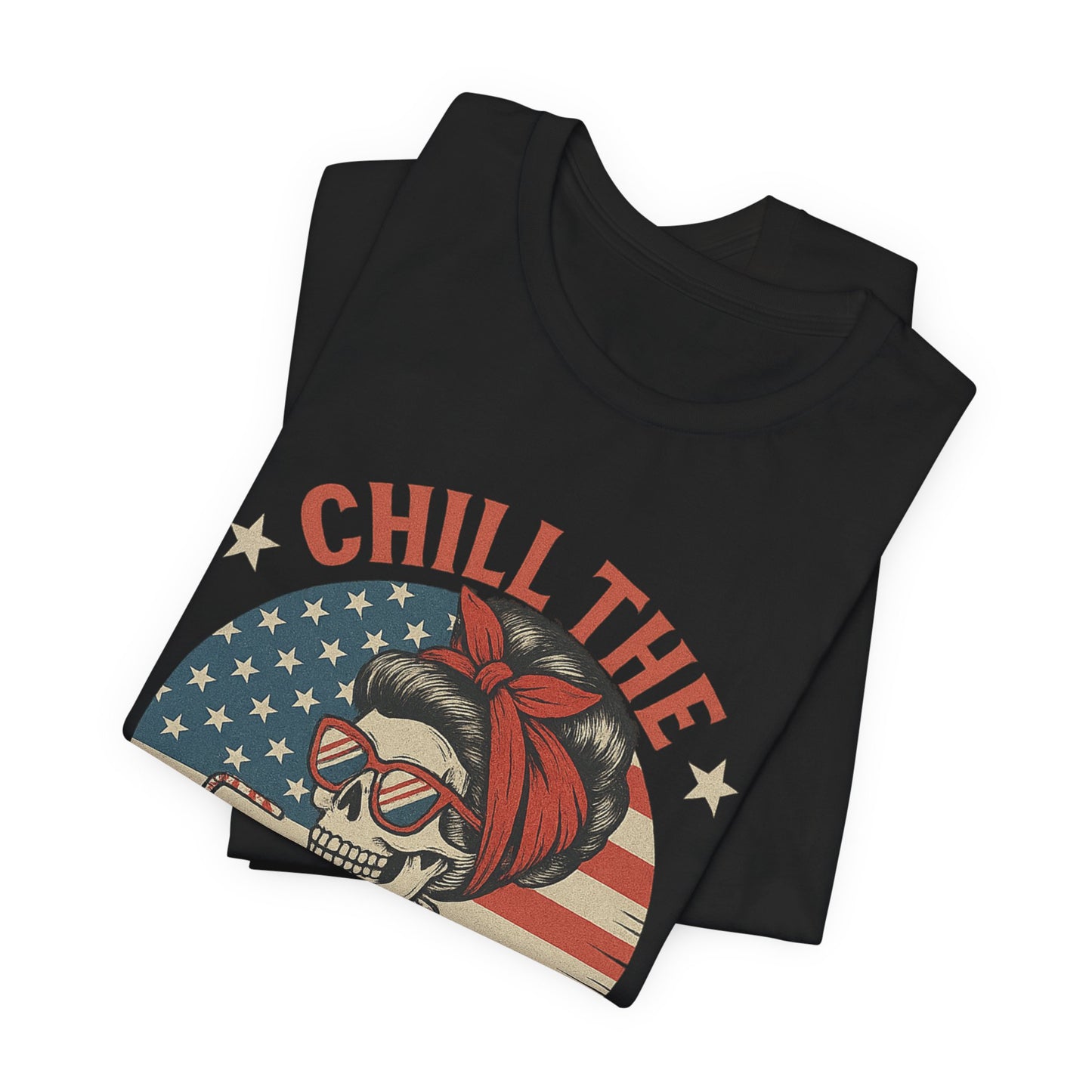 Chill the Fourth Out Tee – Retro Skull with American Flag & Drink | 4th of July Patriotic Shirt