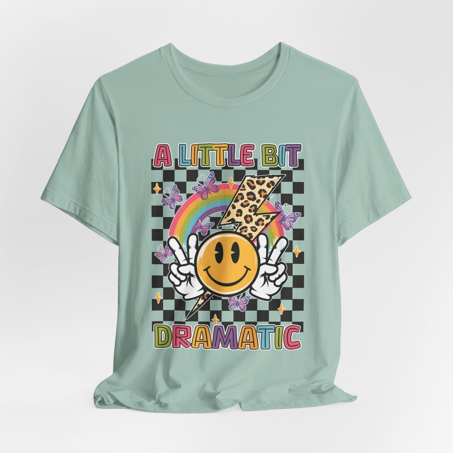A Little Bit Dramatic Graphic Tee — Smiley Rainbow Checkerboard T-Shirt