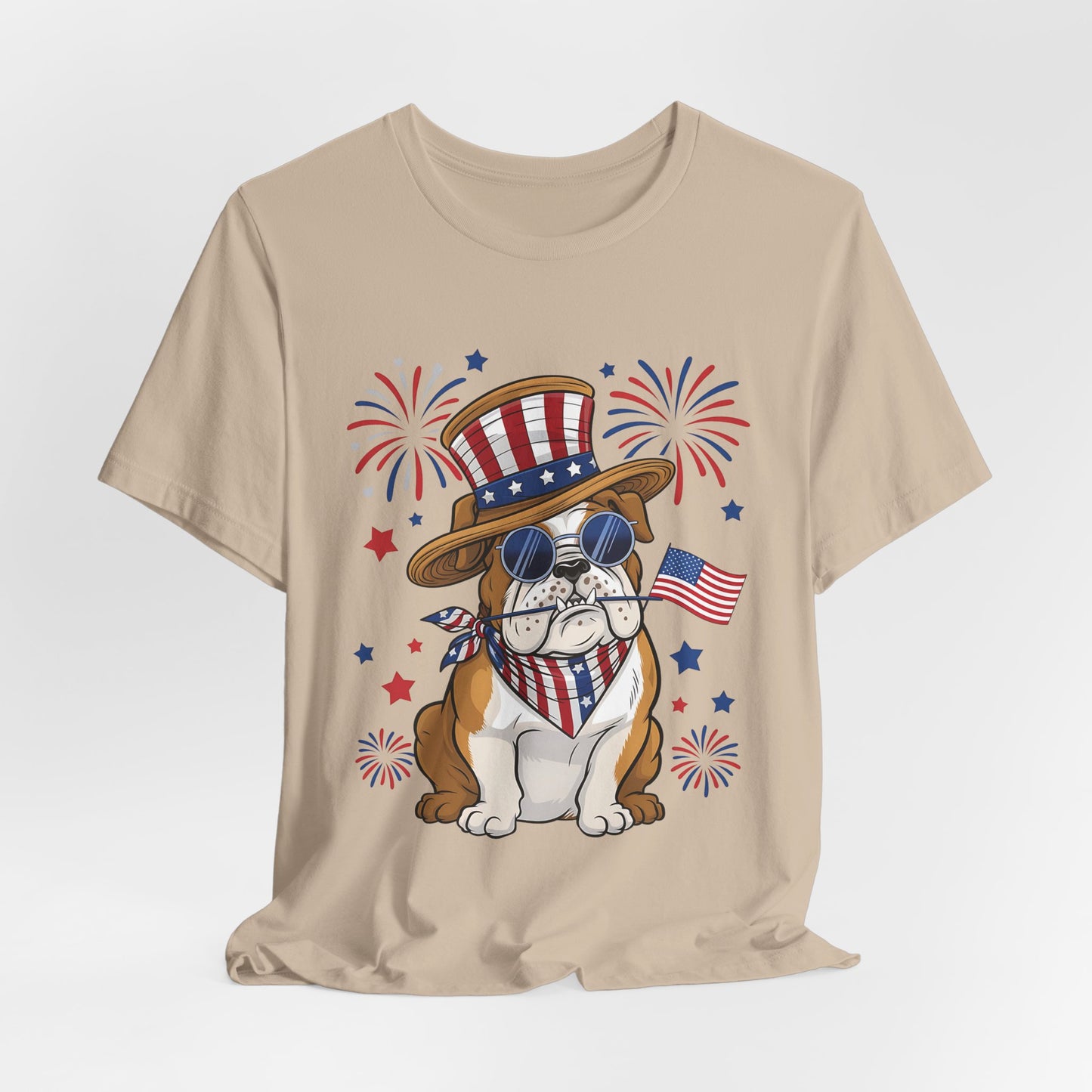 Patriotic Bulldog T-Shirt — American Flag Pup with Uncle Sam Hat & Fireworks (4th of July Tee)