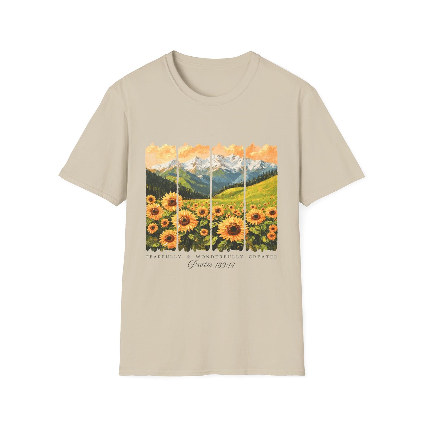 Sunflower Mountain Poster T-Shirt — Scenic Field & Peaks Graphic Tee