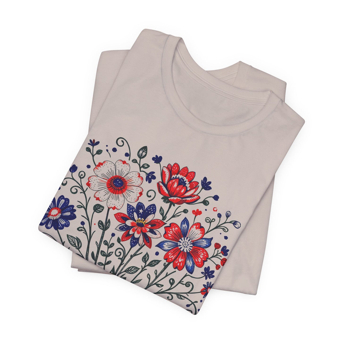 Patriotic Floral Tee — "America, Land of the Free"