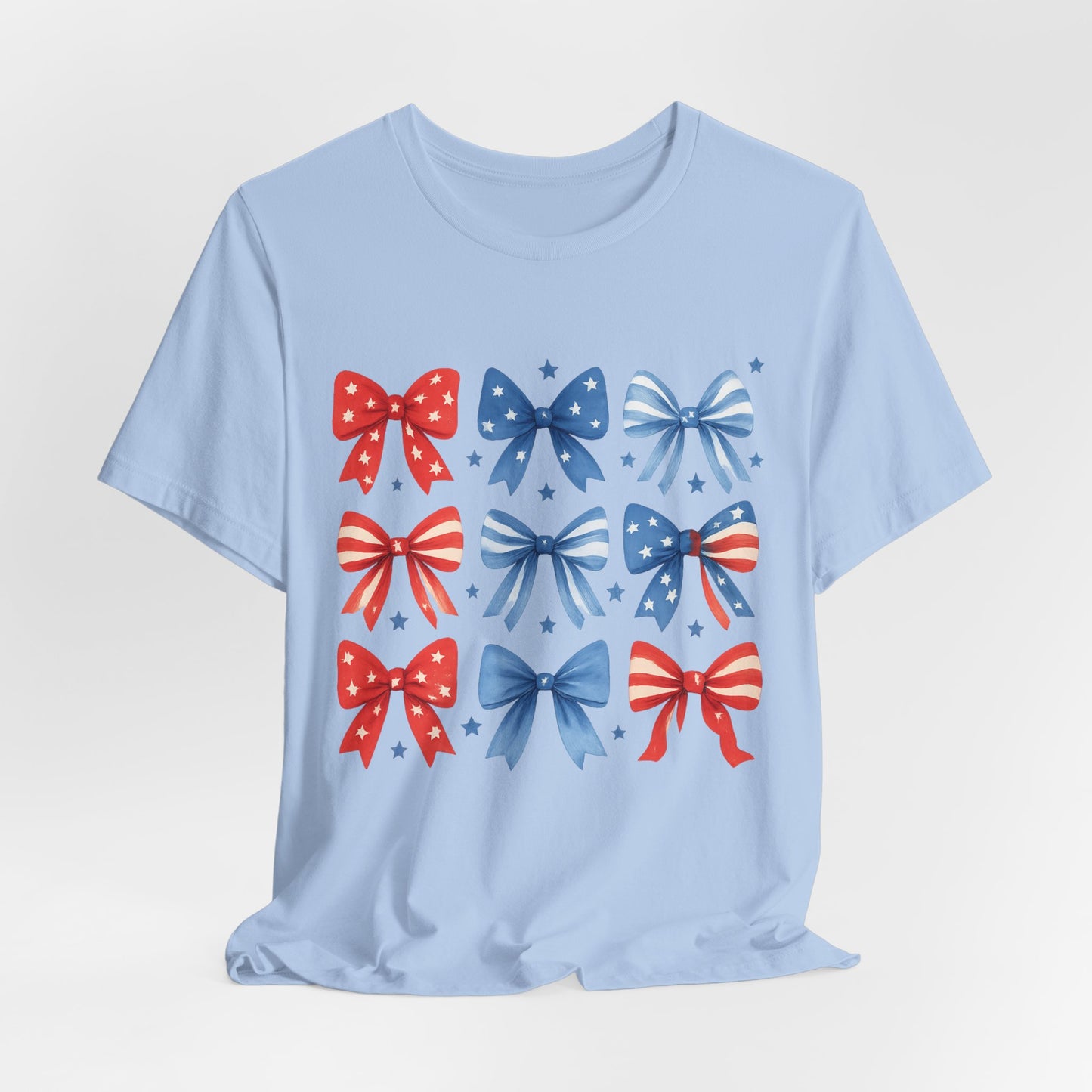 Patriotic Red & Blue Bows Tee — 4th of July Graphic T-Shirt