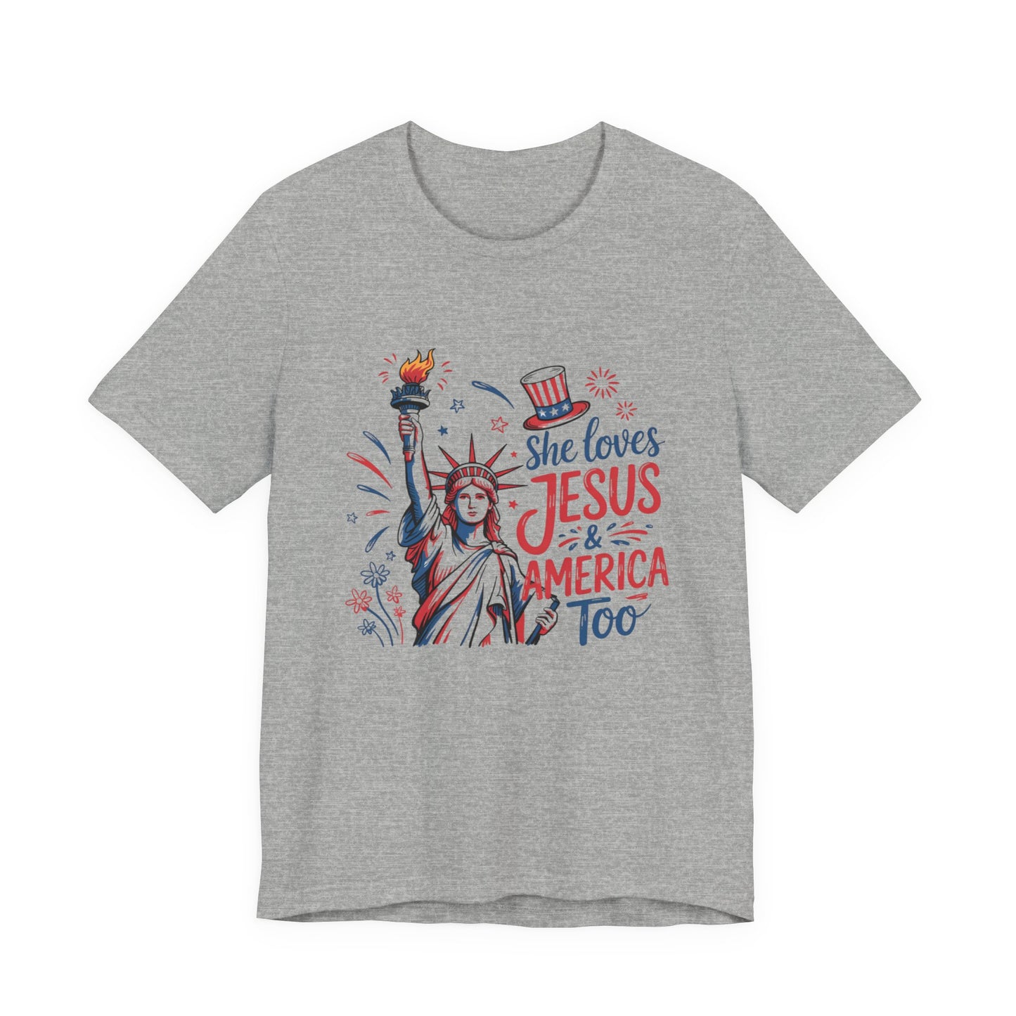 She Loves Jesus & America Too T-Shirt – Patriotic Statue of Liberty Christian Tee