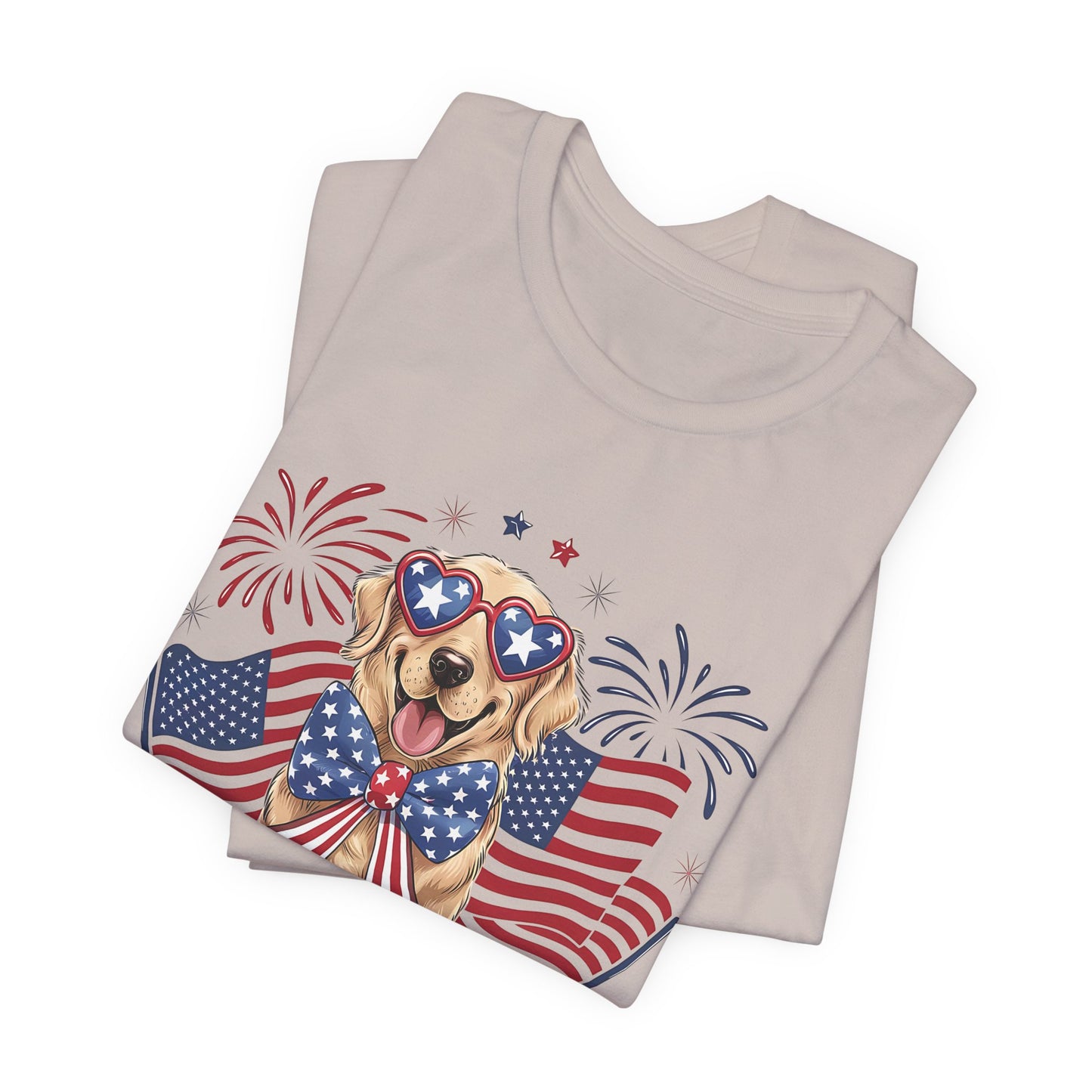 Patriotic Golden Retriever T‑Shirt — USA Flag Dog with Fireworks