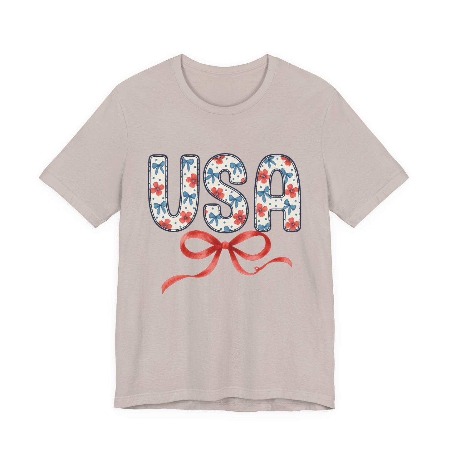 USA Floral Graphic Tee with Ribbon – 4th of July Patriotic Shirt